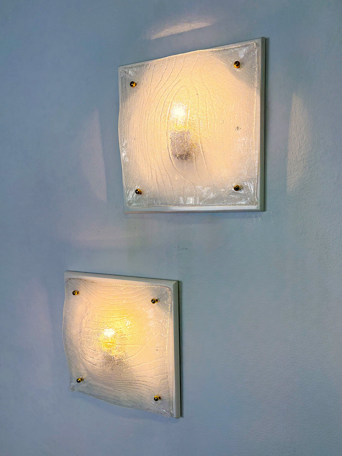 Pair of Murano Frosted Textured Glass Wall Lights, Italy, 1960s — detail view