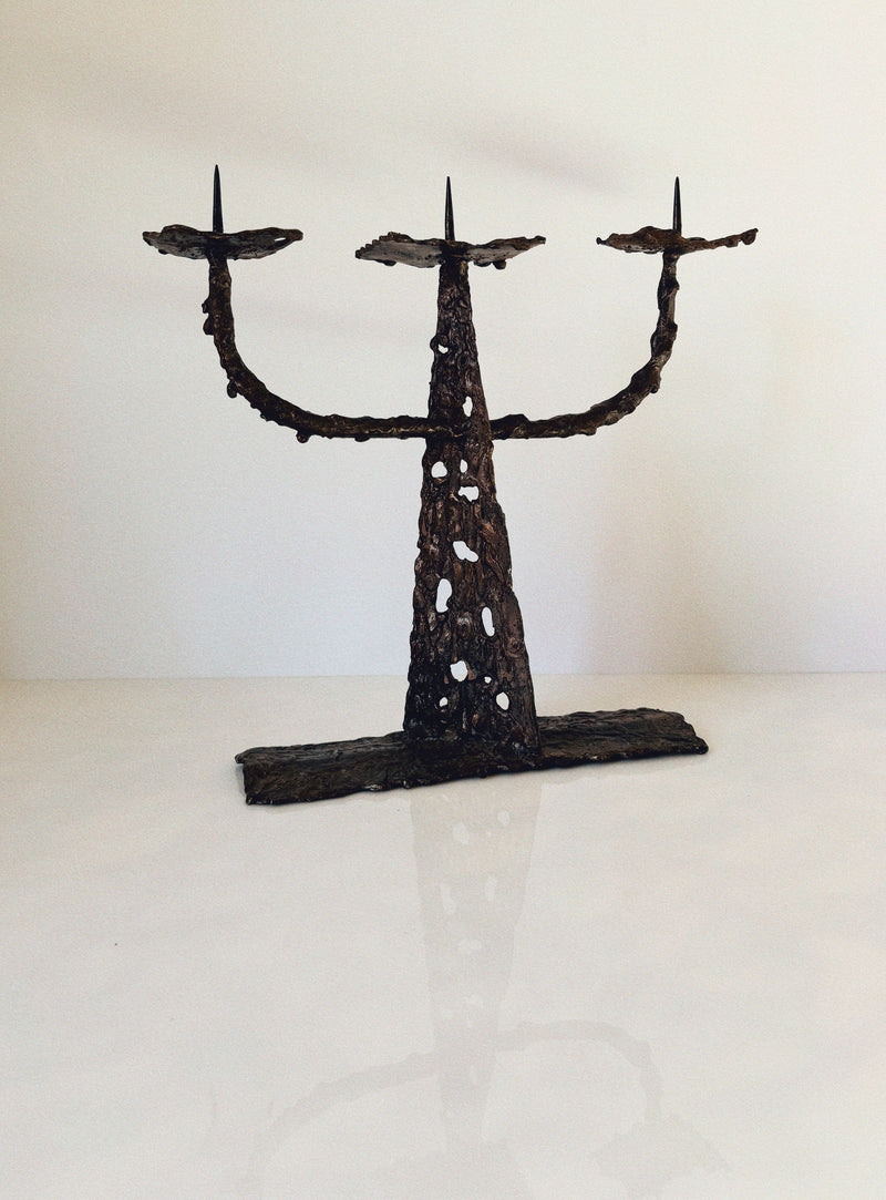 Metal 3 Arm Brutalist Candelabra, Poland — close-up of textured metal finish