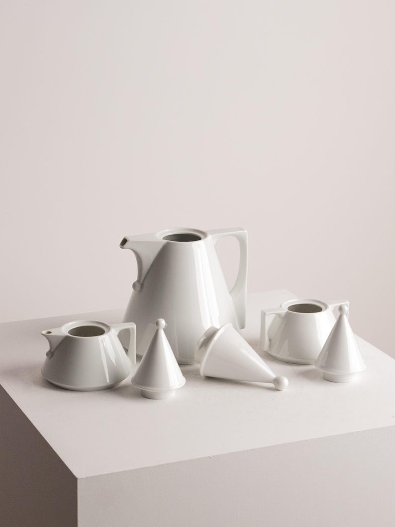 Edelstein Bavaria Coffee Pot Set White Porcelain Mid Century Modernist Design — side angle
