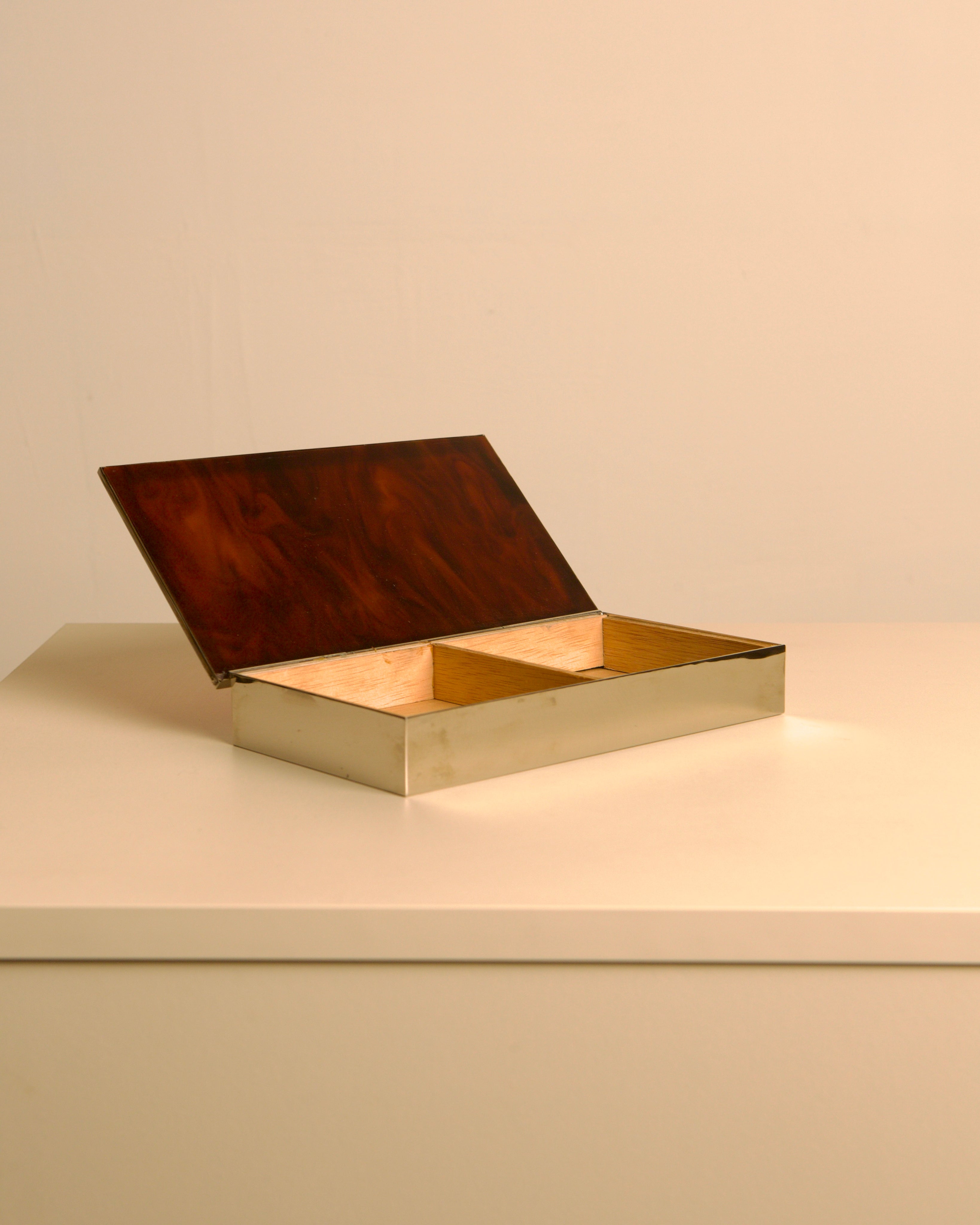 Italian rectangular box in chrome metal and faux tortoiseshell lacquer with light wood int — side angle