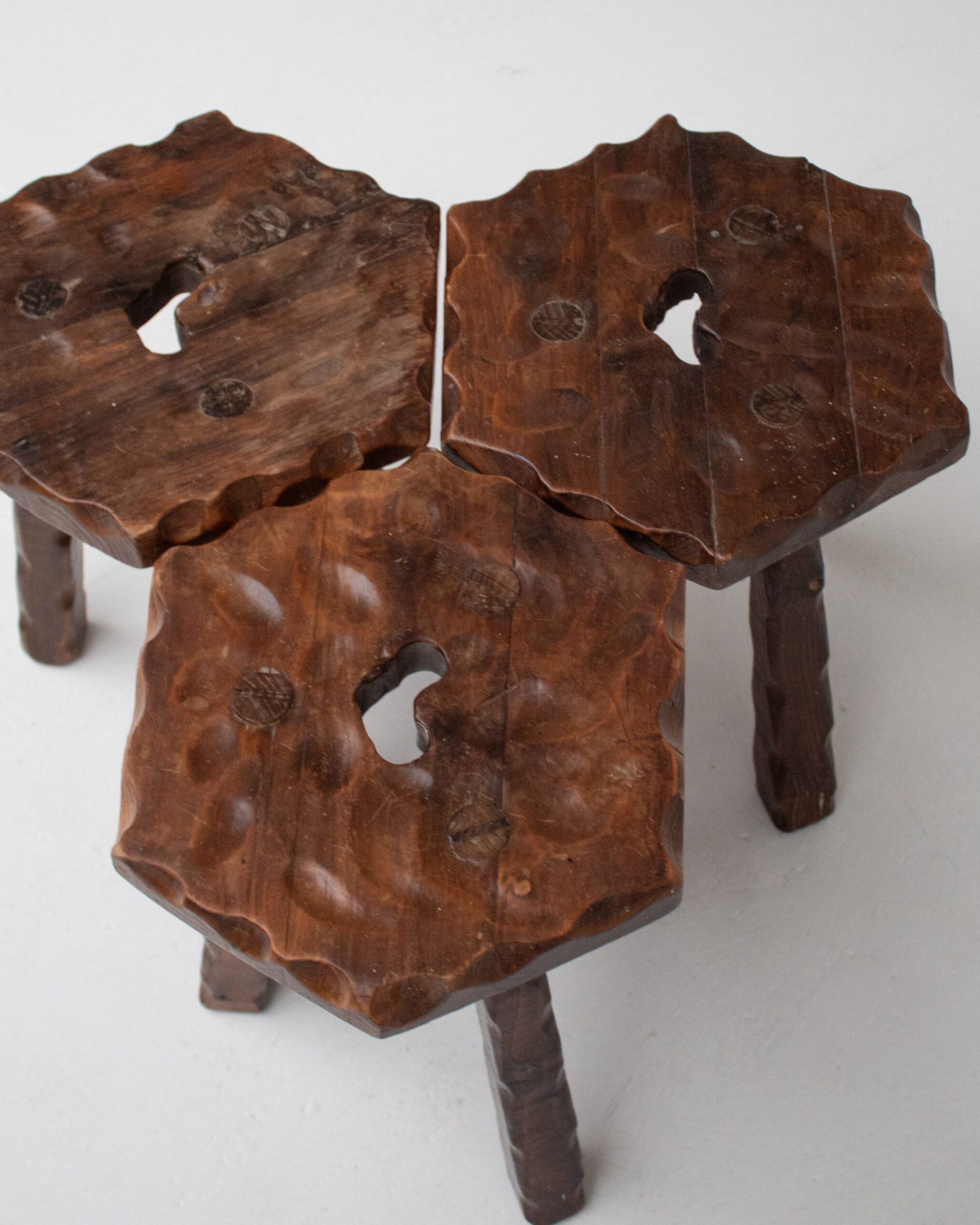 Set of 3 Brutalist Stools in Wood