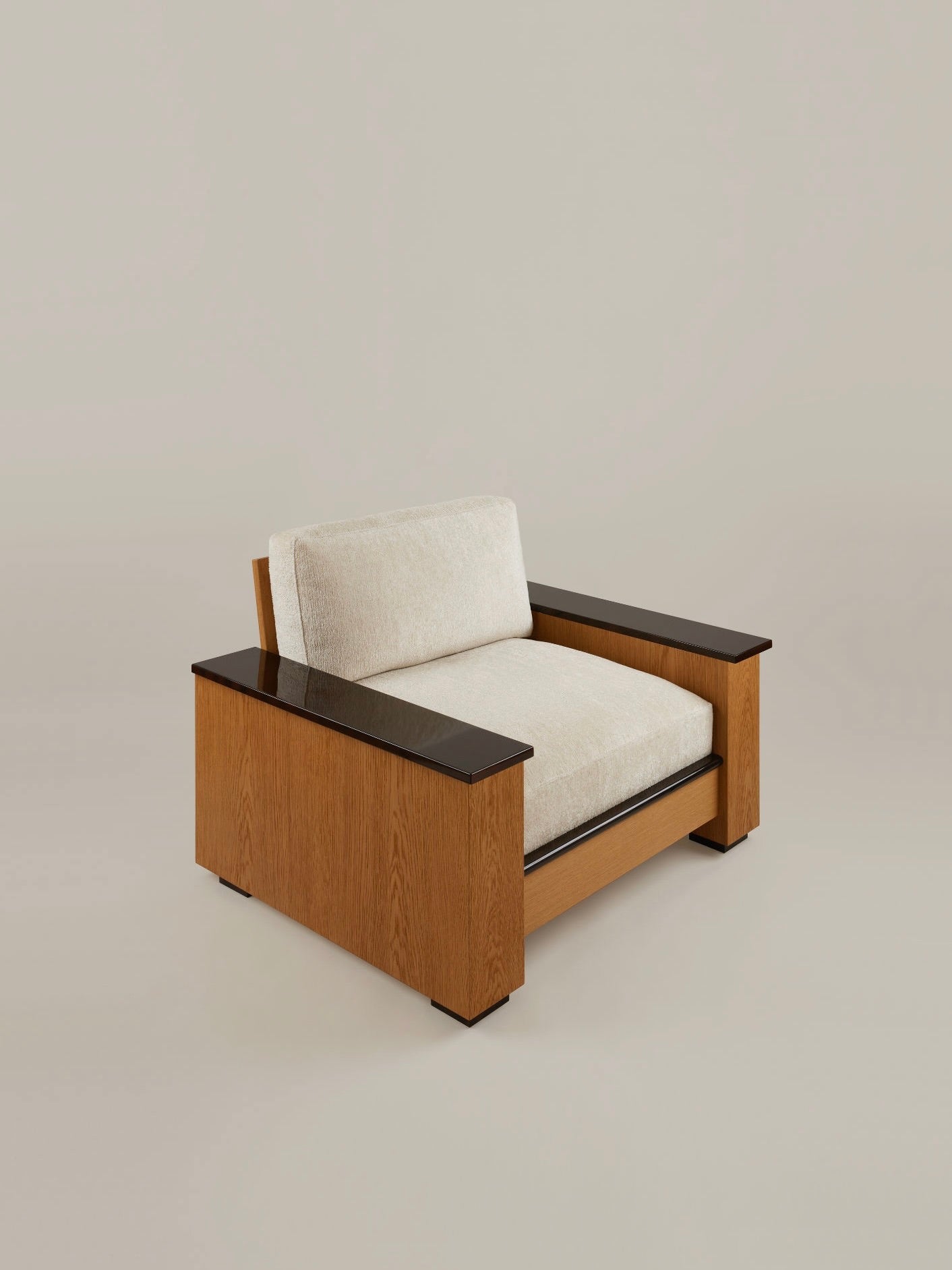 Le Capitaine" Arm Chair — angled view with light fabric and wood arms