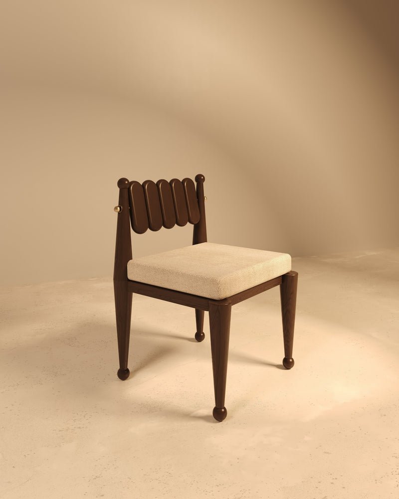 Simorgh III walnut chair with brass details and upholstered seat