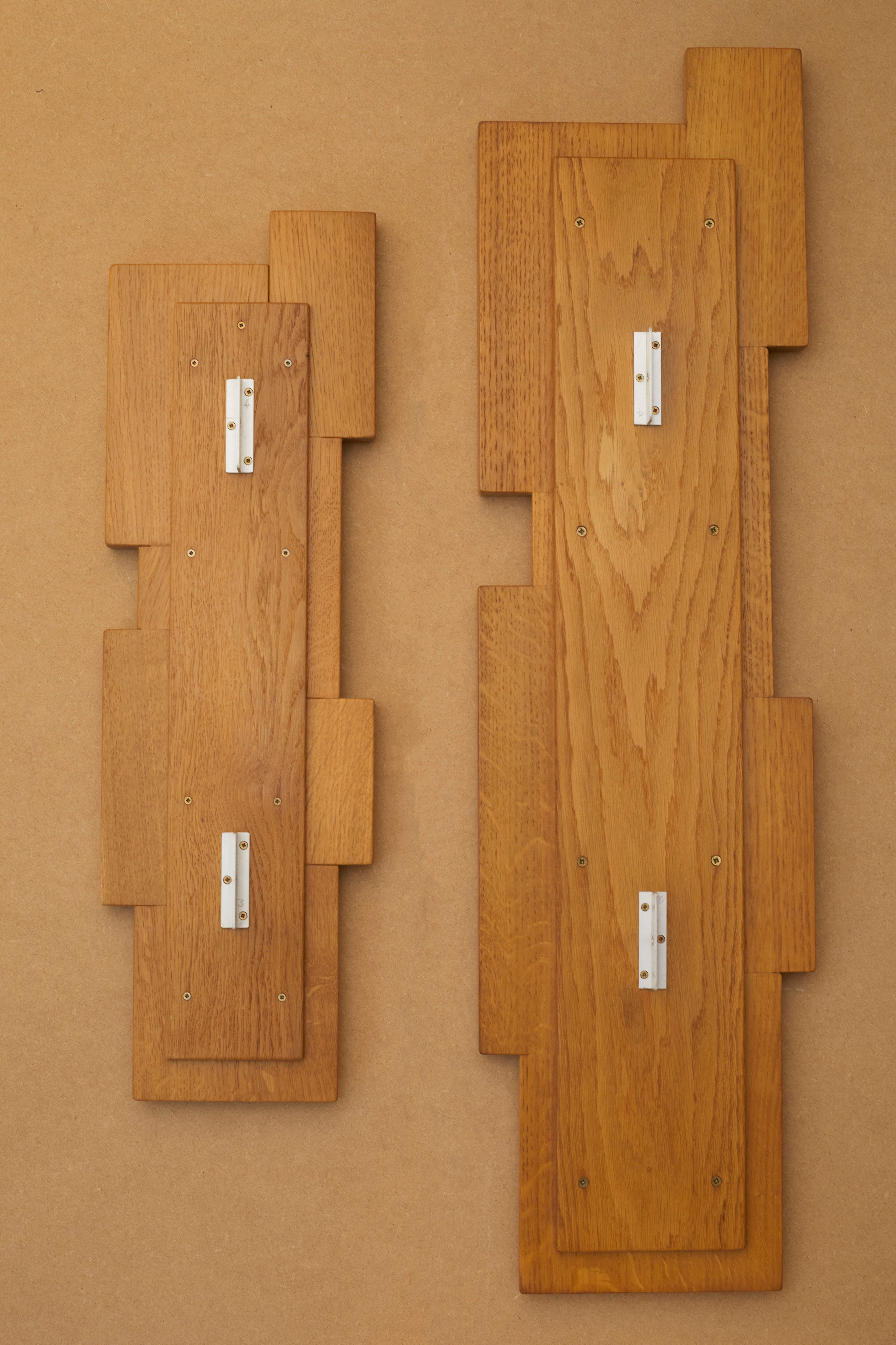 Vintage Set of Two French Oak Wood Sculptural Lamps Wall Lights C. 1980