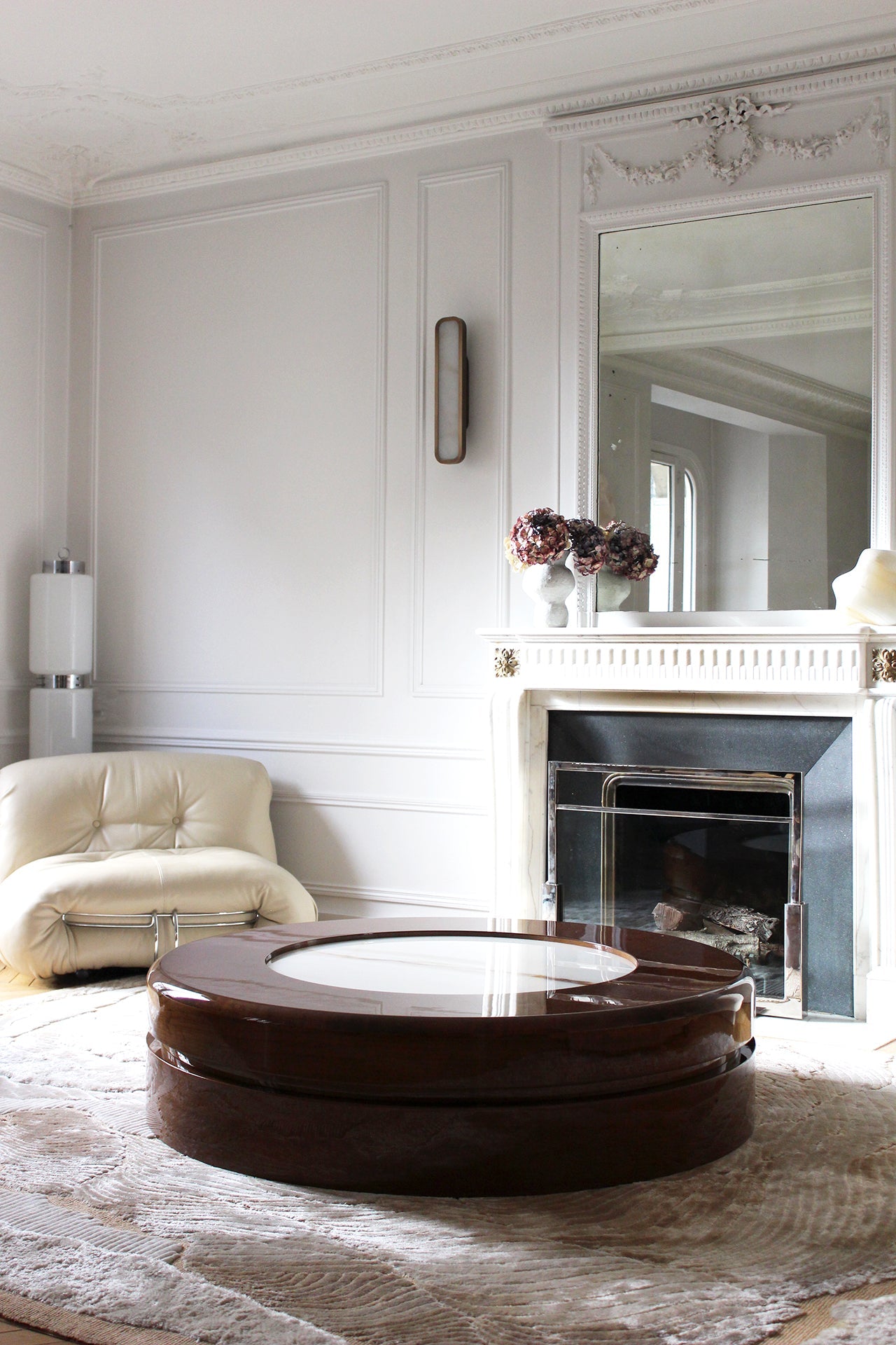 Yoyo Wooden And Shell Onyx Coffee Table — back view in modern living room