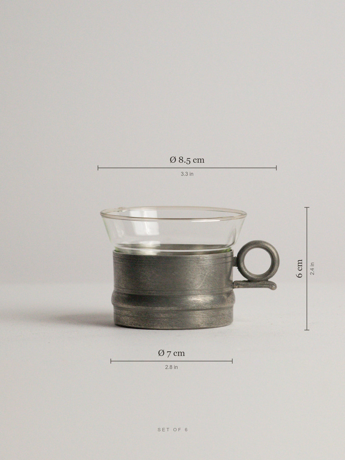 Set of Six Scandia Tenn Pewter Tea Glass Holders with Pressed Glass Inserts, Karlshamn, Sweden, 1977 — lifestyle setting