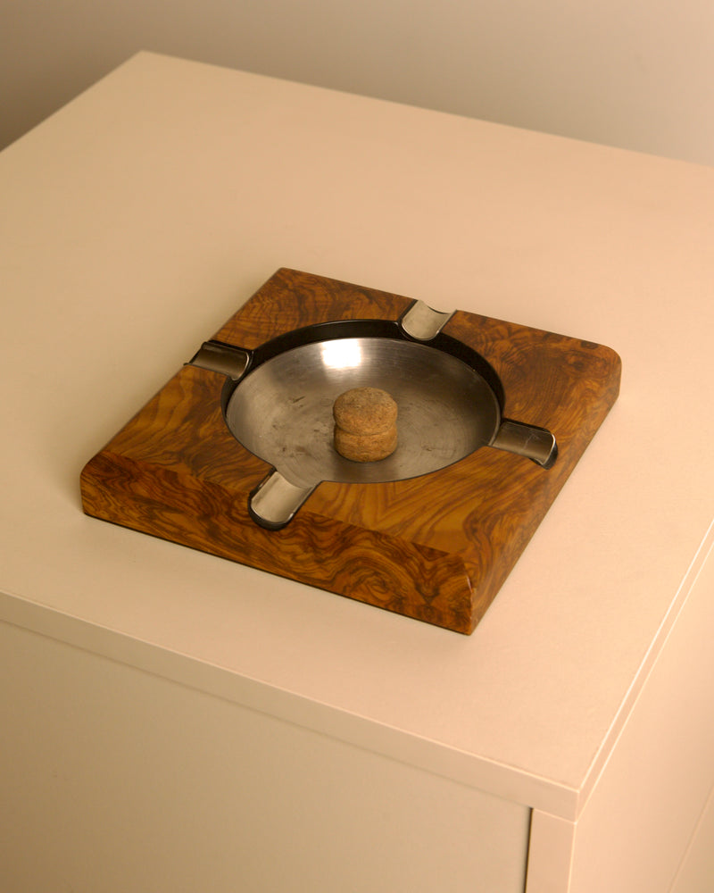 Burl walnut and metal ashtray, Italy, 1980s by Treaptyque | The Oblist