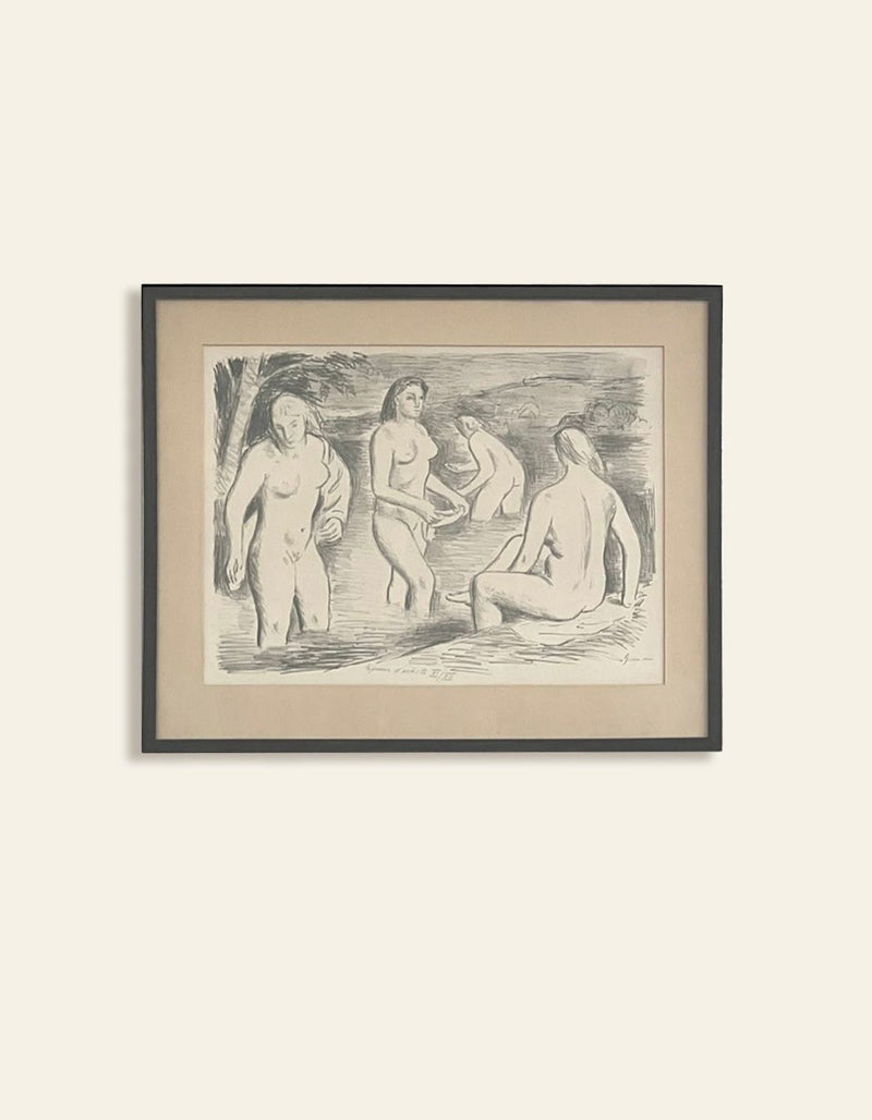 Vintage lithography print depicting four nude bathers in nature