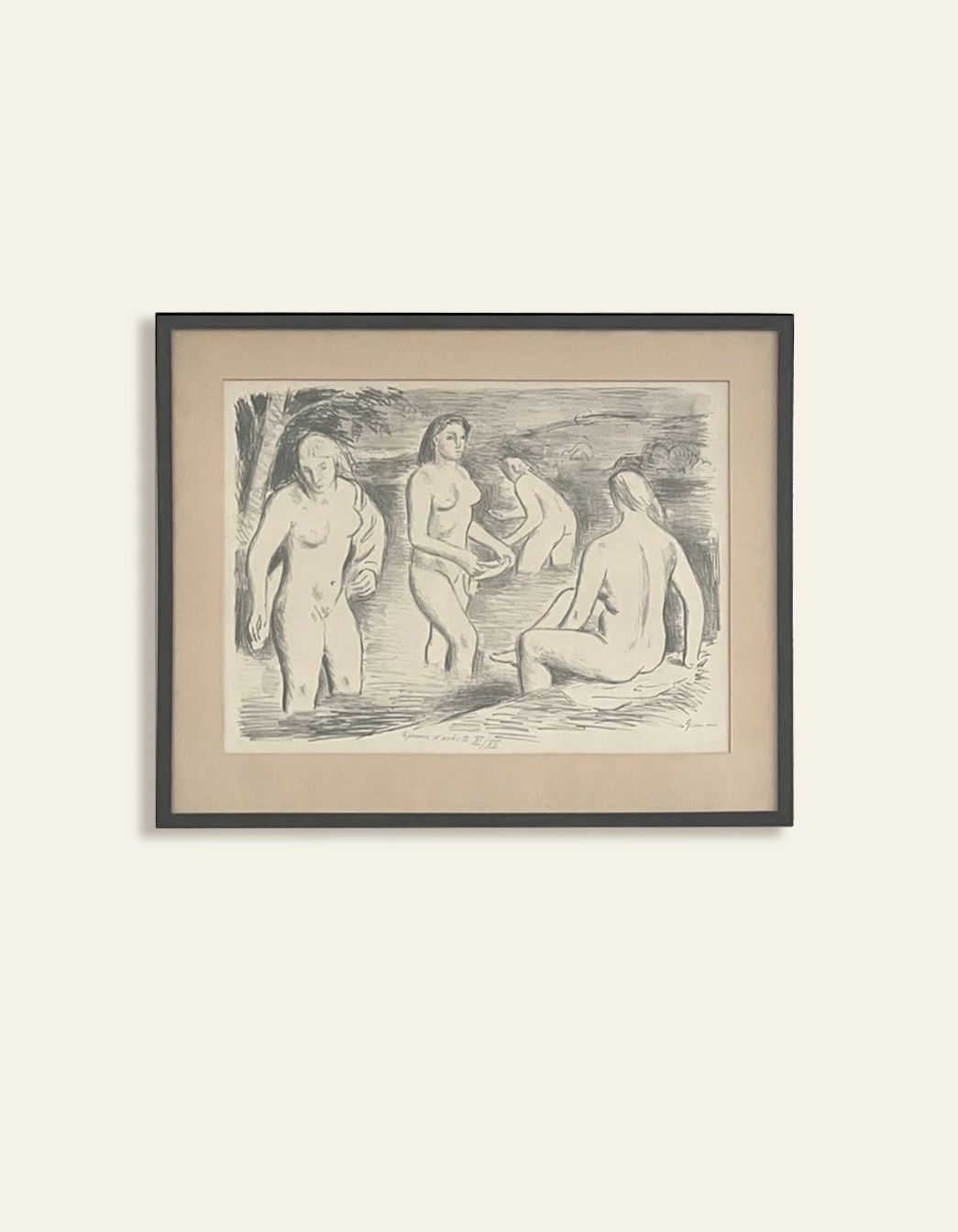 Vintage lithography print depicting four nude bathers in nature