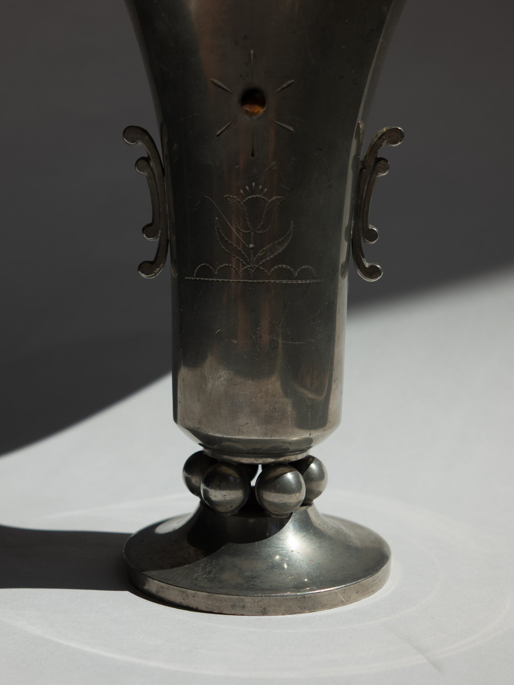 Swedish Grace Pewter Sunburst & Tulip Vase by J.L. Hultman for Svenskt Tenn — close-up