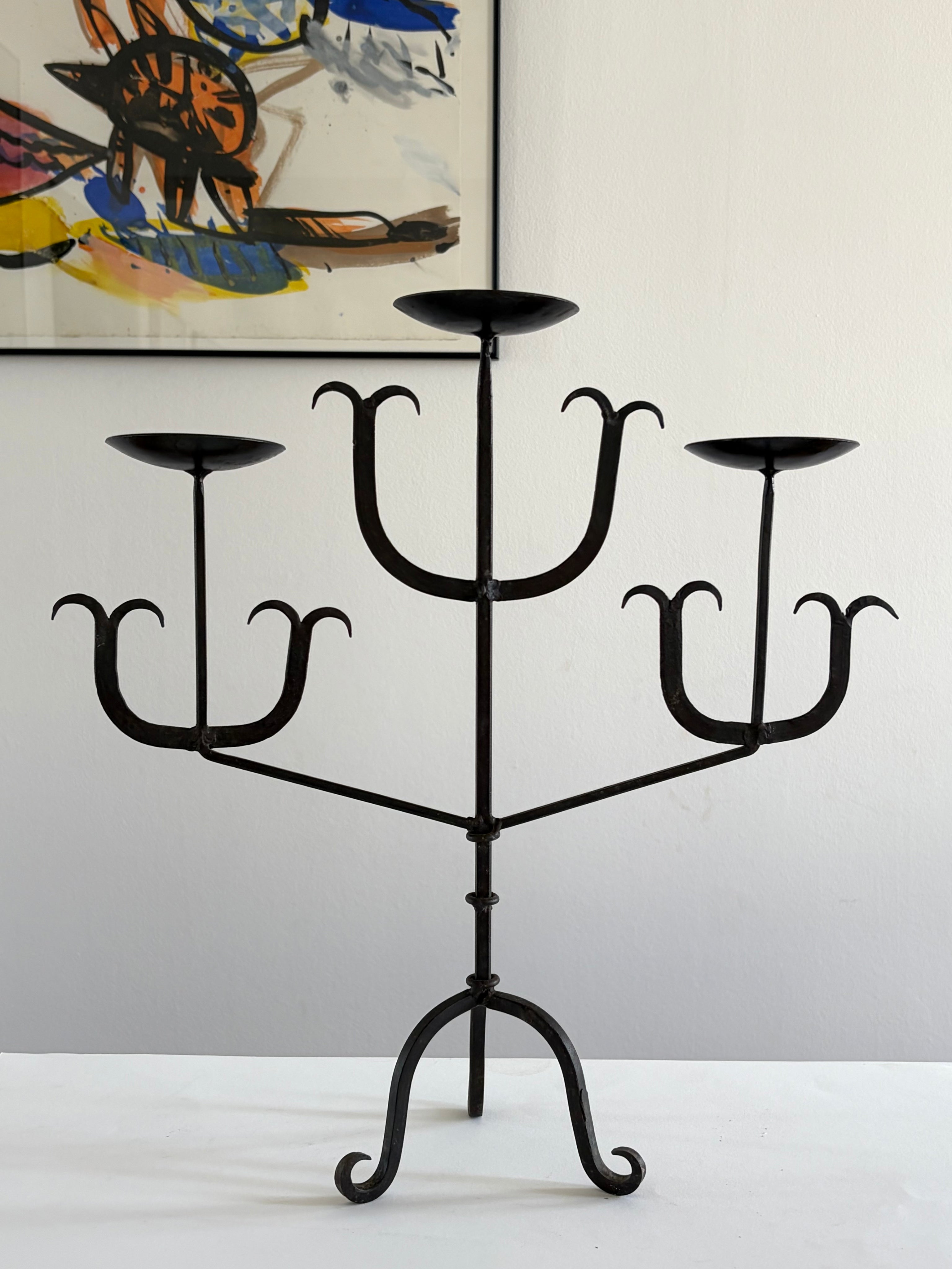 French Forged Iron Three-Arm Candelabra, 1960s — close-up