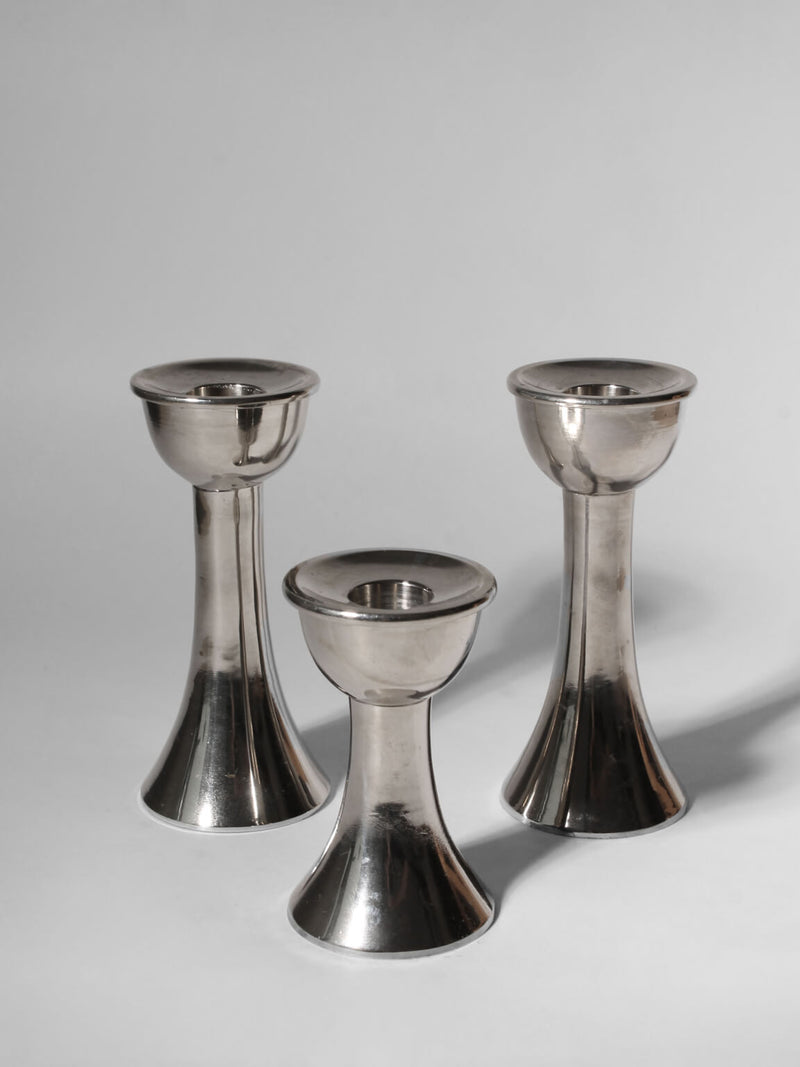 Mid-Century Silver Aluminum Candle Holders Set — detail view