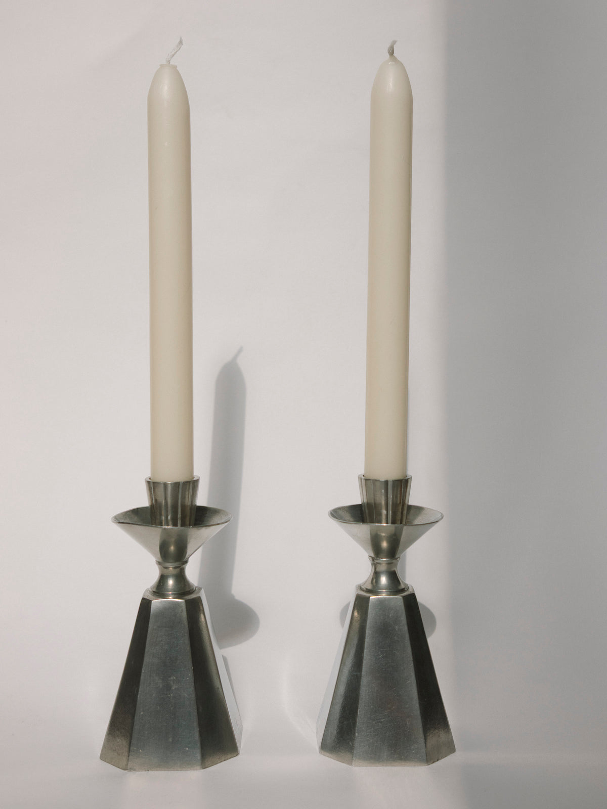 Pair of GAB Tenn Faceted Pewter Candlesticks | Sweden 1960 — close-up
