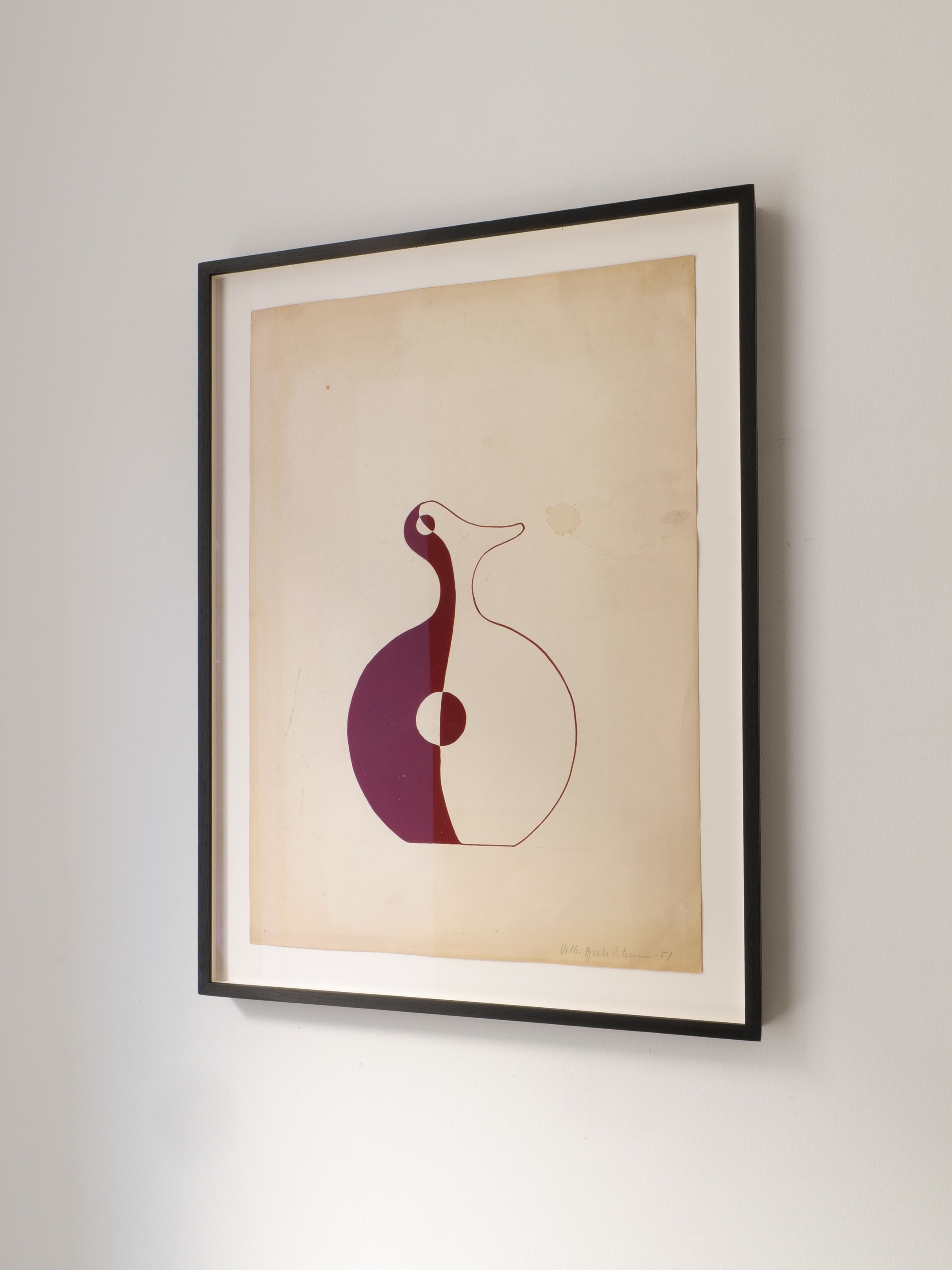 The 'Red Vase' Painting 1951 by Collection apart is a framed abstract artwork with simple outlines and purple and white tones on aged, slightly stained paper, featuring a visible signature, displayed on a light-colored wall.