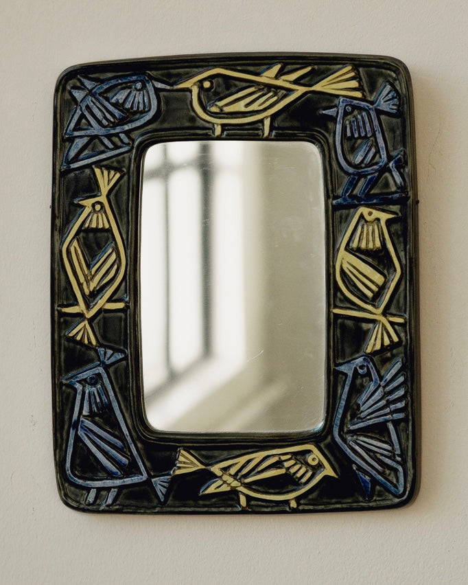 1950's Swedish Mirror by Lisa Larson by Passé The Store | The Oblist — ceramic frame, blue and yellow design