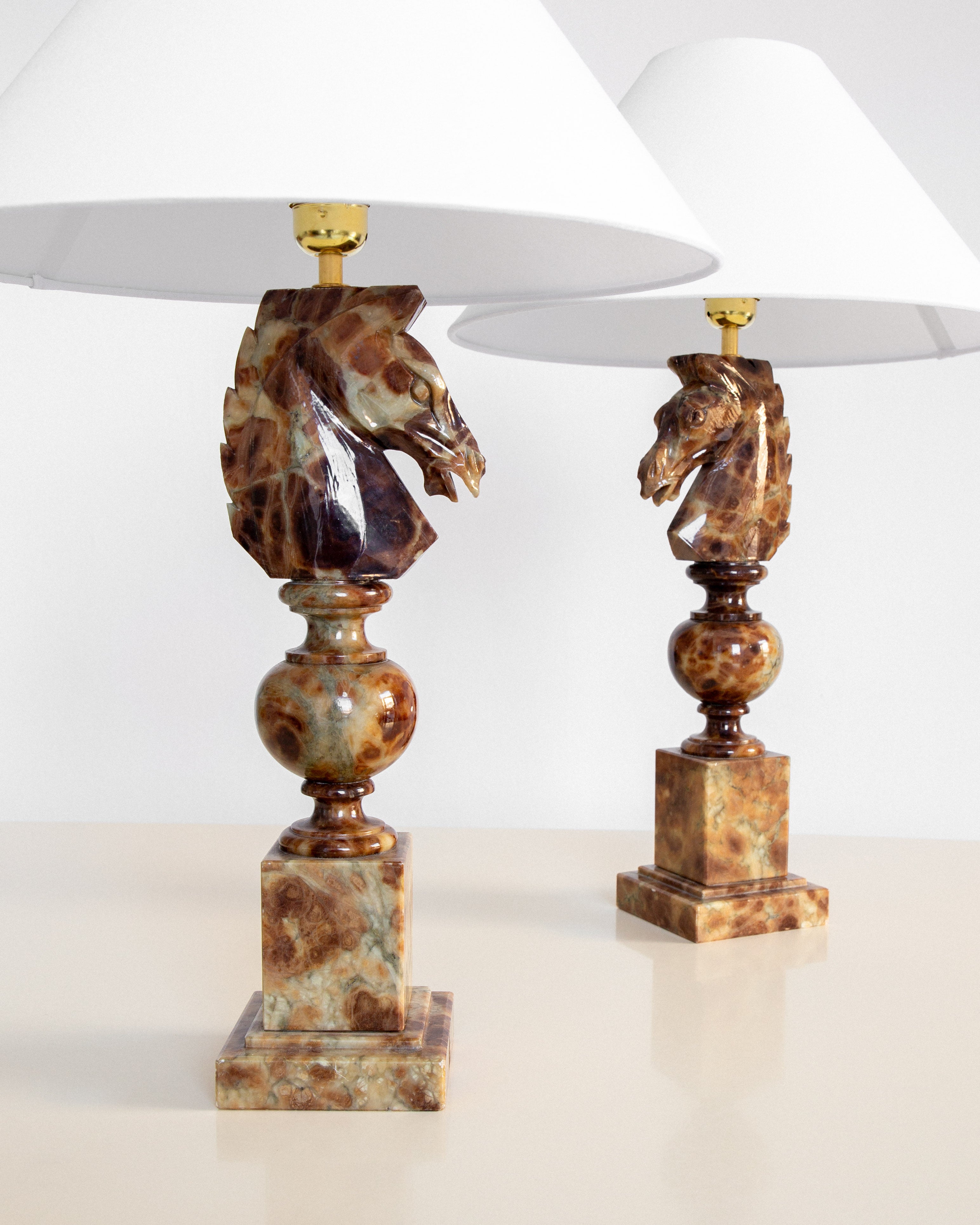 Pair of Large Alabaster Horse Head Table Lamps, Italy, 1970s — side angle showing detailed horse head design