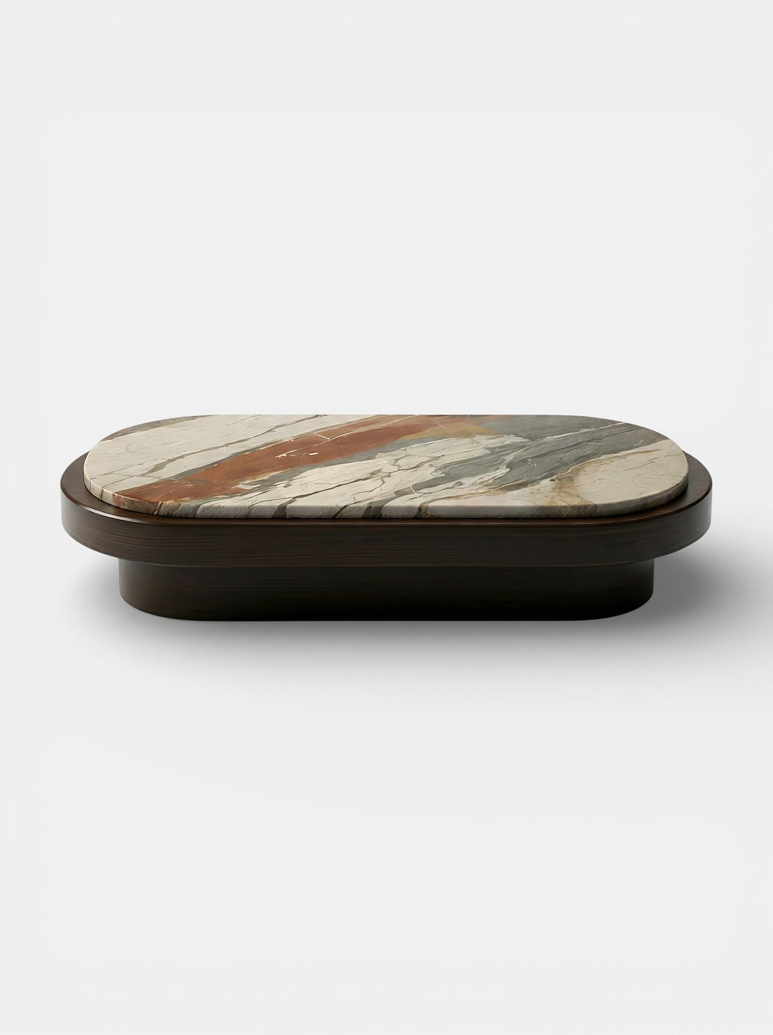 Mirage Wood and Breccia Fantastica Marble Coffee Table by Marbera | The Oblist — modern marble top, dark wood base
