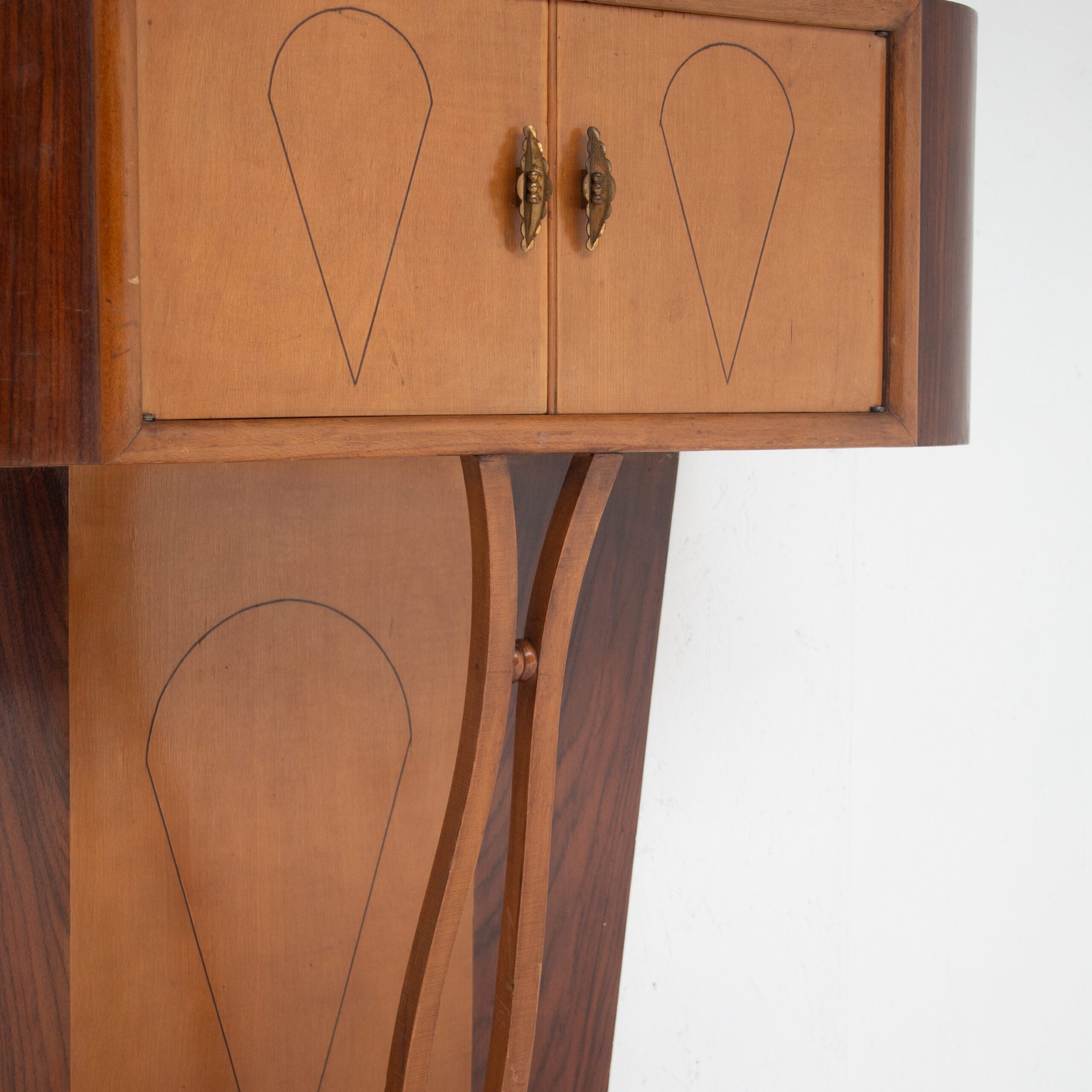 Art Deco Walnut Console with Inlay Details — angled view highlighting inlay design