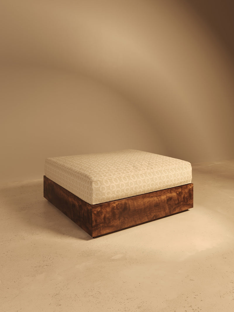 KAVA Collection I POUF – Walnut Burl Finish, Dedar Upholstery by VandaVee | The Oblist — walnut wood, cream upholstery
