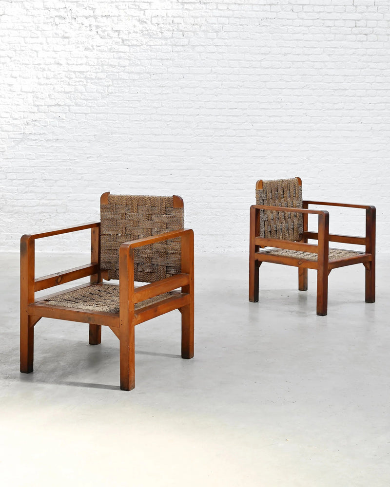 Pair of French Oak and Woven Straw Armchairs, France, 1960s by Introverso | The Oblist