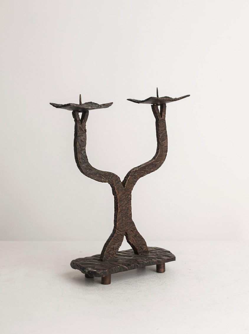 Heavy Cast Bronze Candelabra, Two-Light Pricket Holder, Brutalist Organic Metalwork (c. 1960s) — side angle