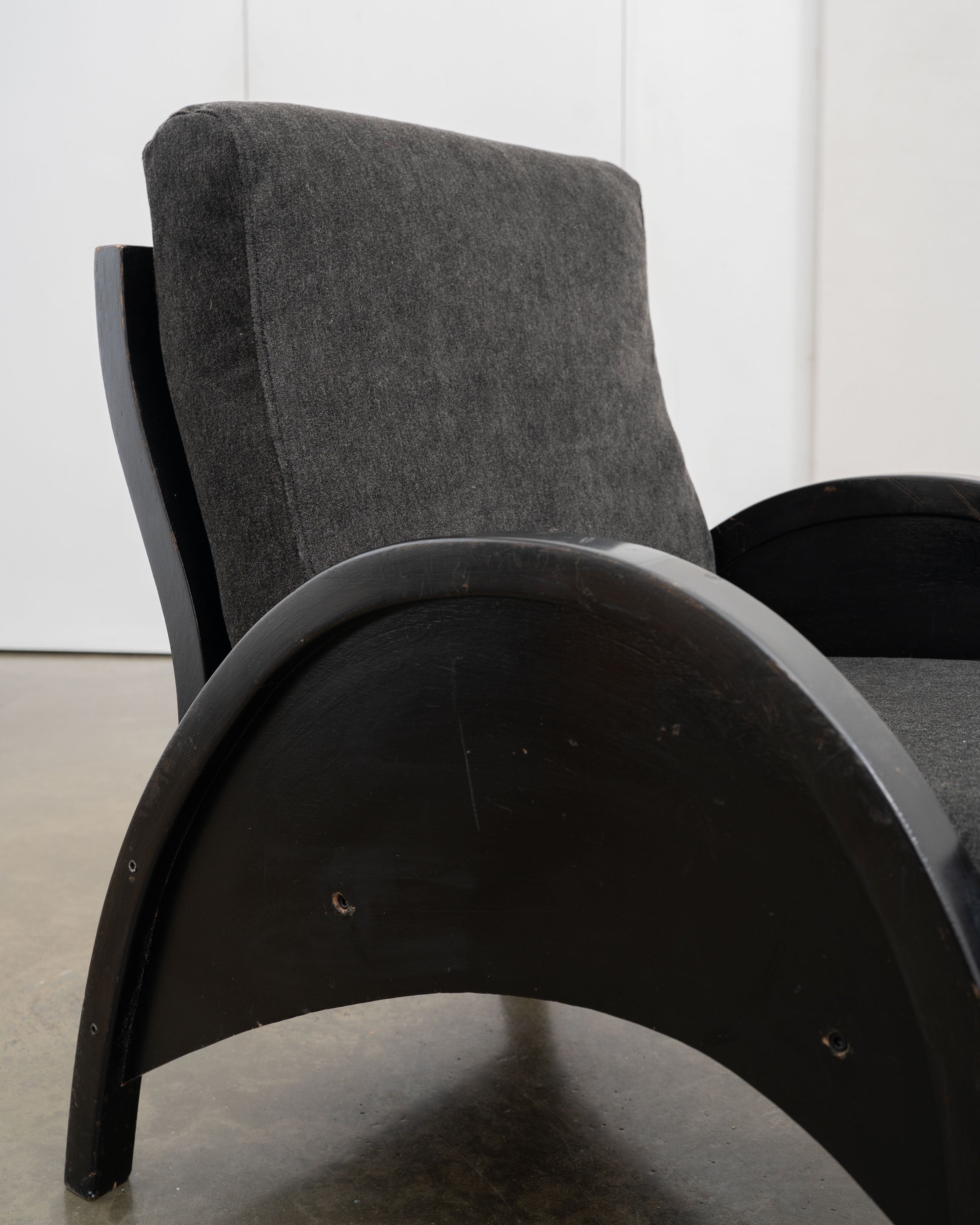 Modernist Armchairs, c.1950 — side view highlighting dark wood frame