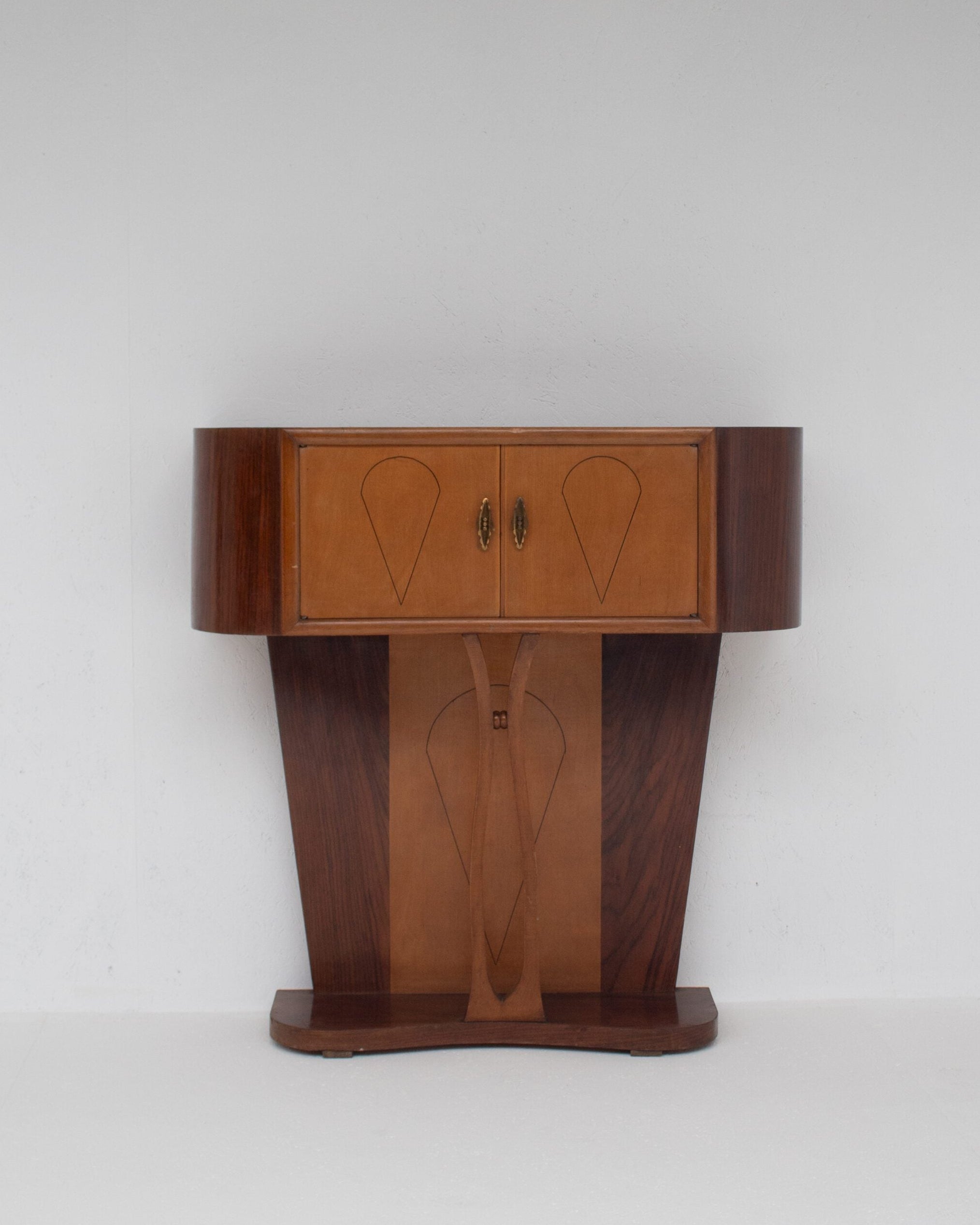 Art Deco Walnut Console with Inlay Details — front view highlighting inlay design