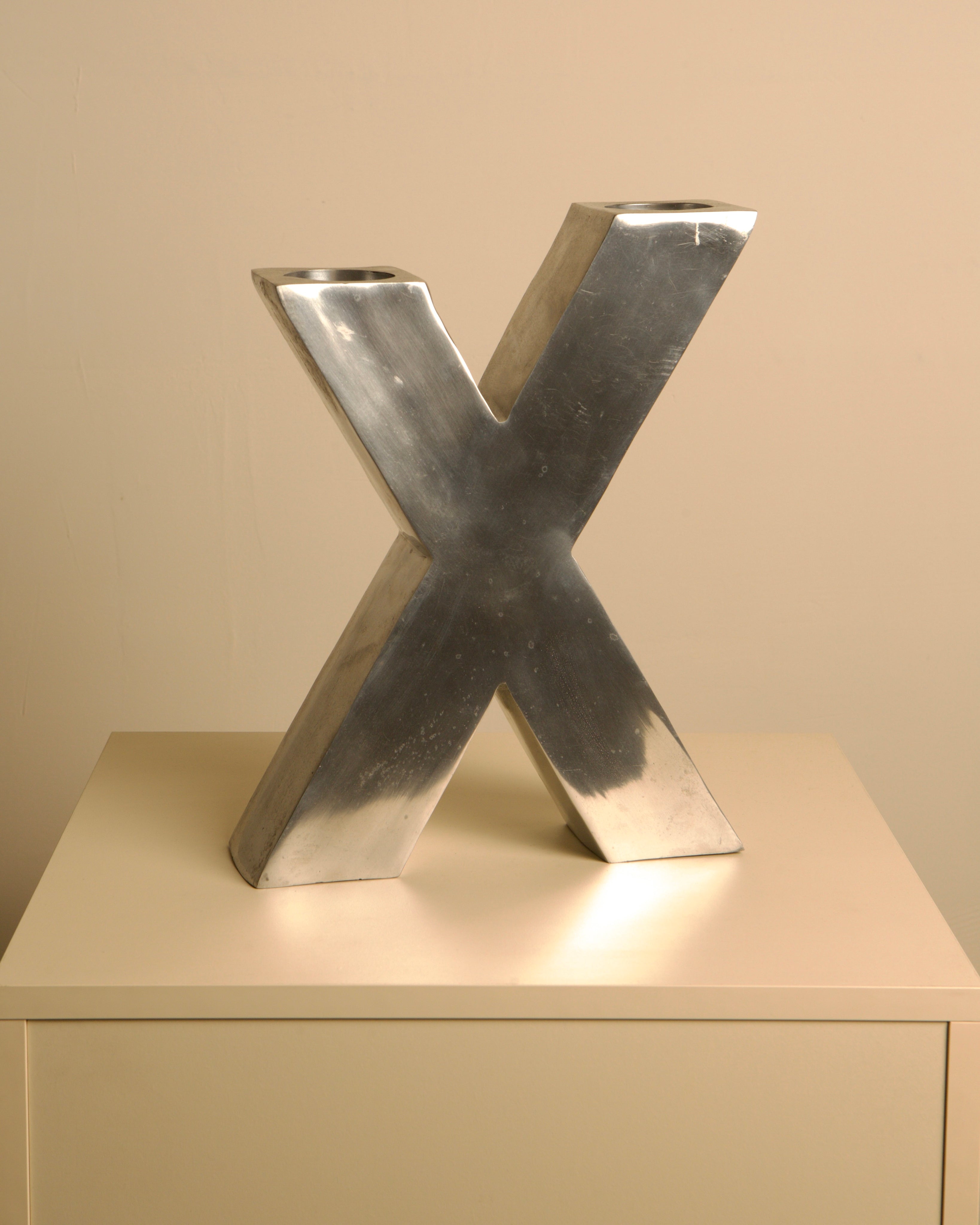 Large "X" Candleholder in Cast Aluminum 80's by Treaptyque | The Oblist — cast aluminum, modern design