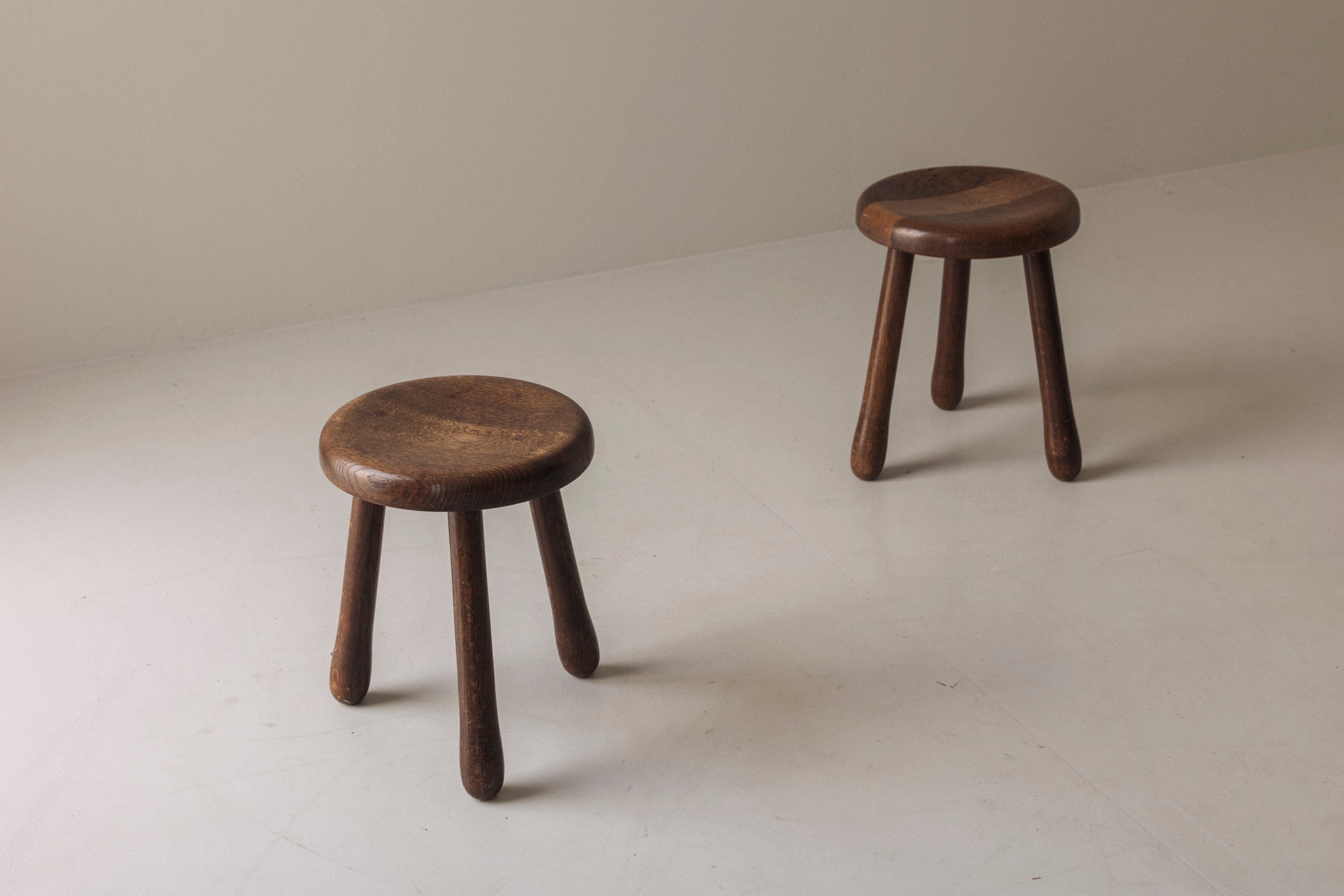 Set of Two Tripod Solid Elm Stools | The Oblist