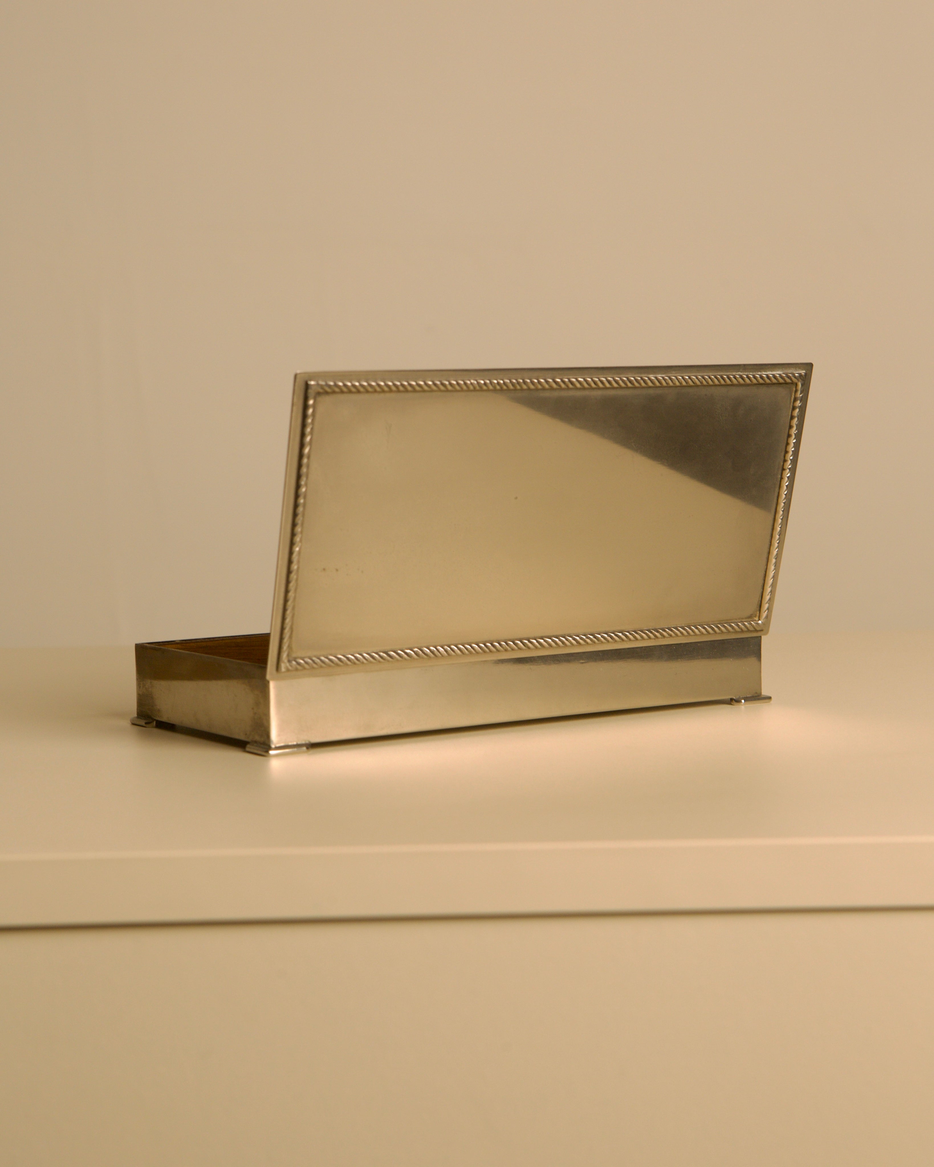 Italian Art Deco silver-plated metal and wood rectangular box, 1930s — alternate view