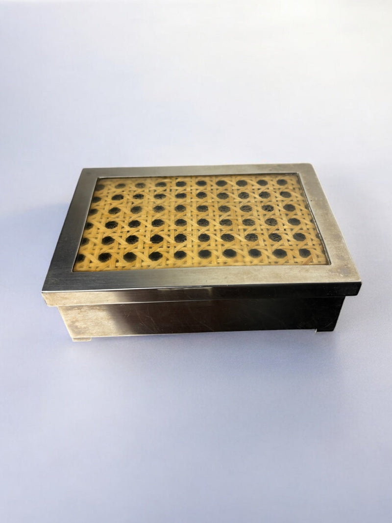 Lucite & Rattan Chromed Box, 1970s — angled view showing yellow rattan top