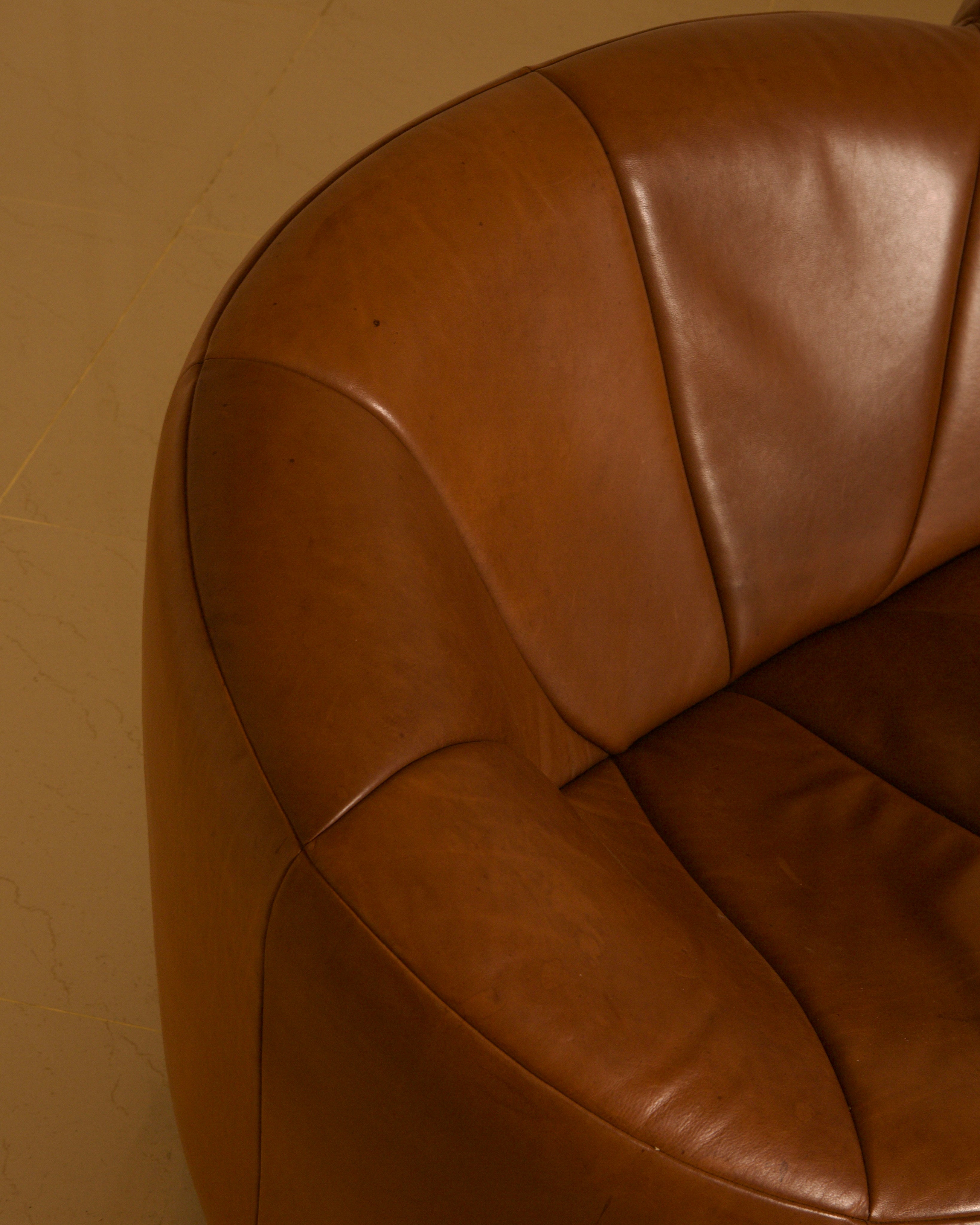 Three-seater "Pumpkin" Sofa by Pierre Paulin for Artifort, 1980 — back view highlighting rich brown leather upholstery