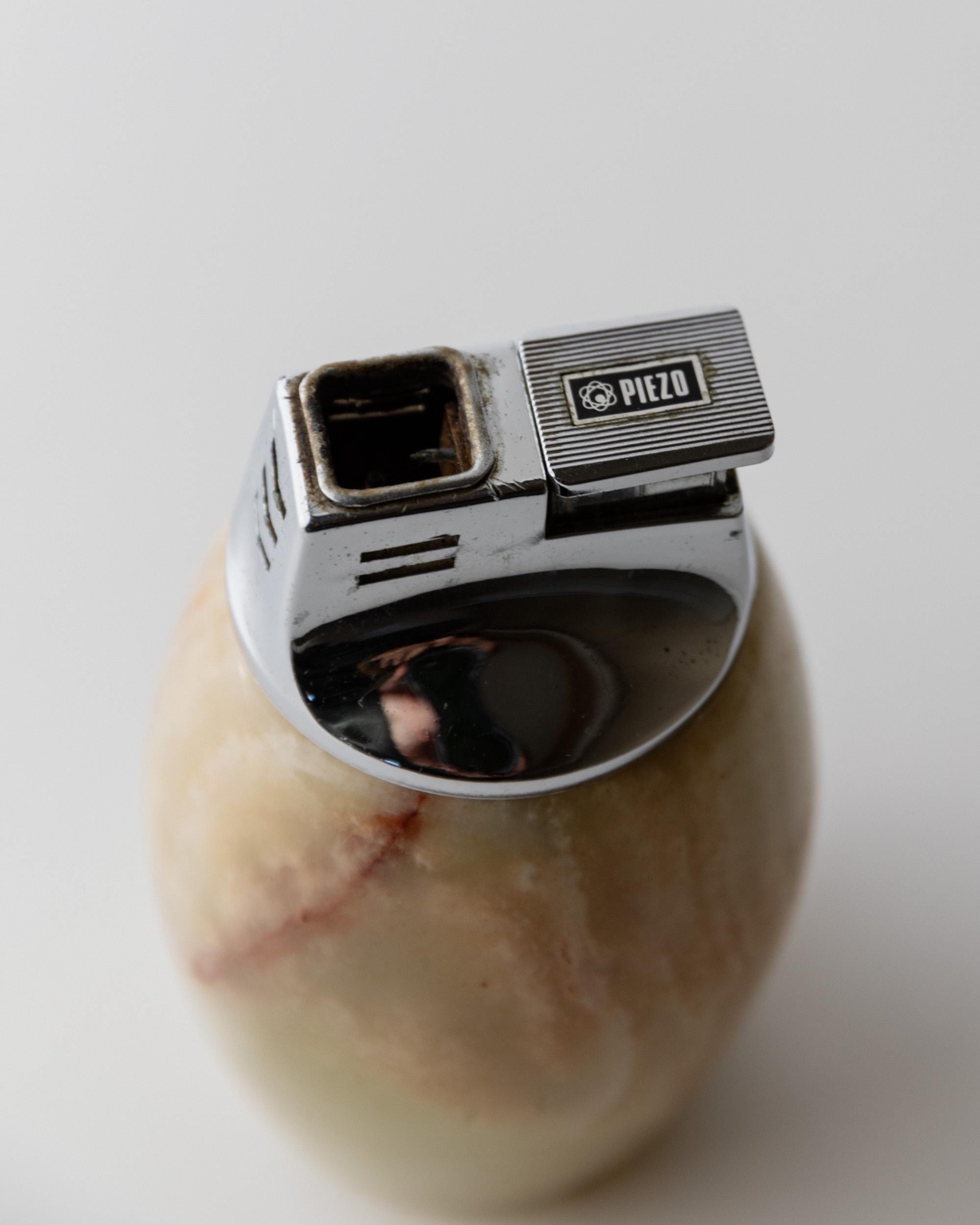 Vintage 1960s Alabaster Table Lighter, by Piezo Italy, Green Beige Stone Design, Elegant Mid Century Bar Accessory, Desk Object, Gift Idea — side angle