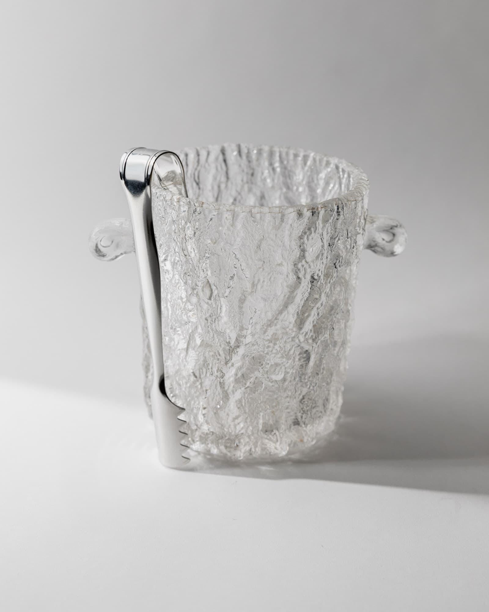 1970s Glass Ice Bucket — angled view showing textured glass and metal tongs