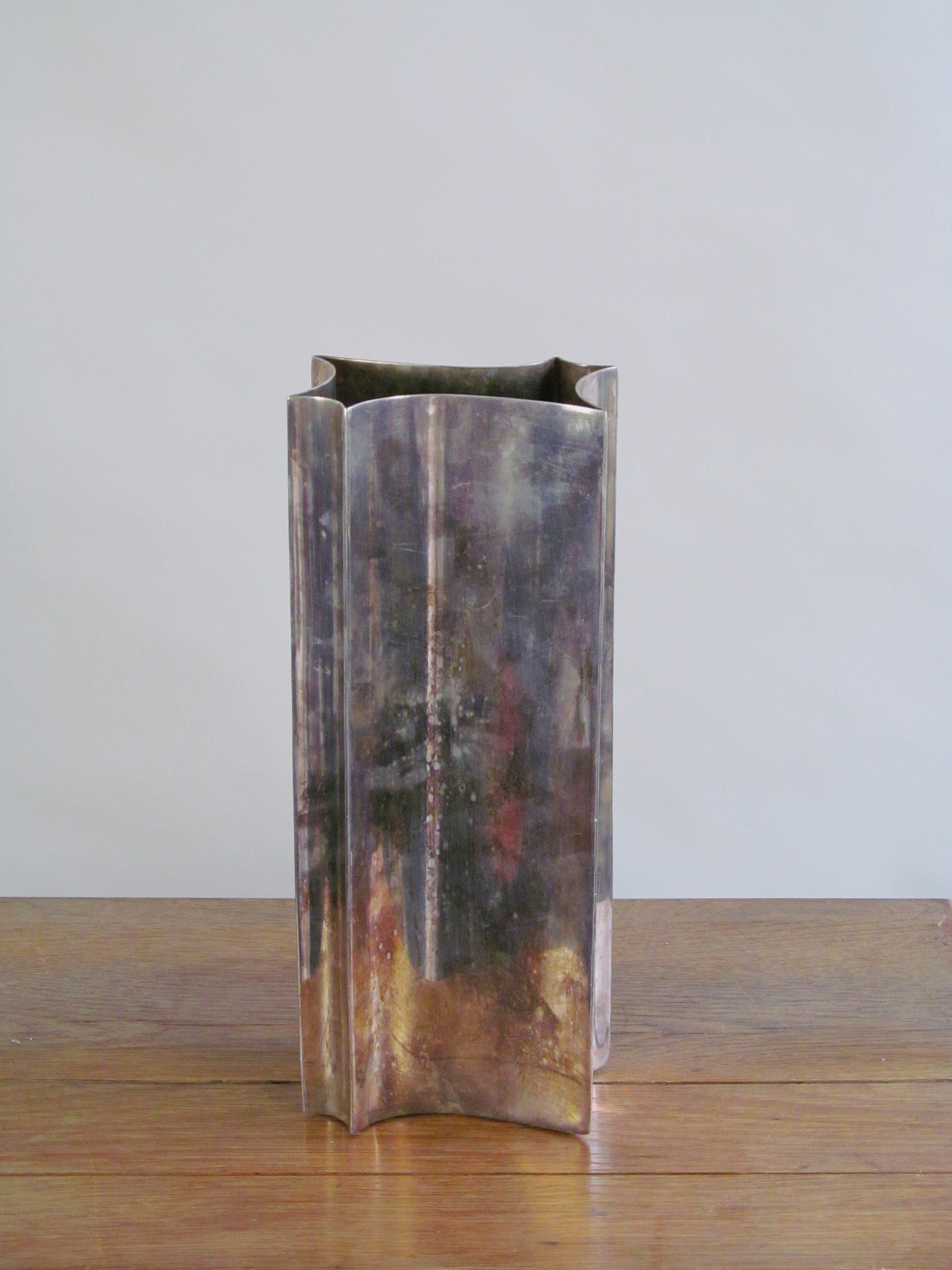 Modernist Silver Plated Vase c1950 — side angle showing textured silver surface