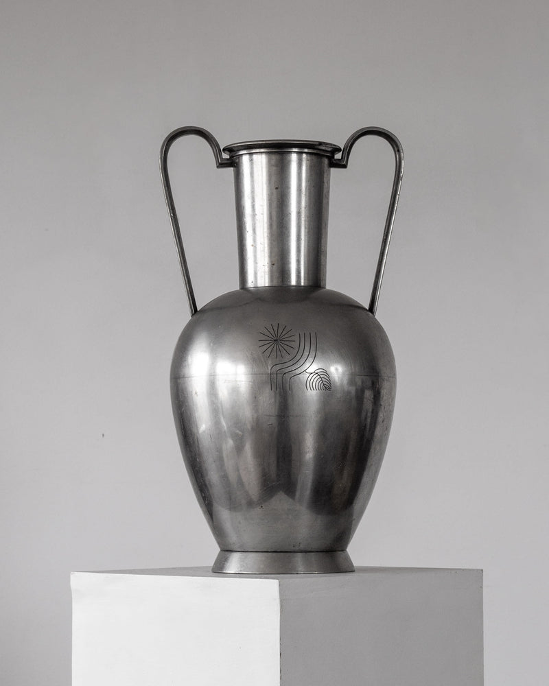 Large modernist pewter amphora vase with handles, 1930s