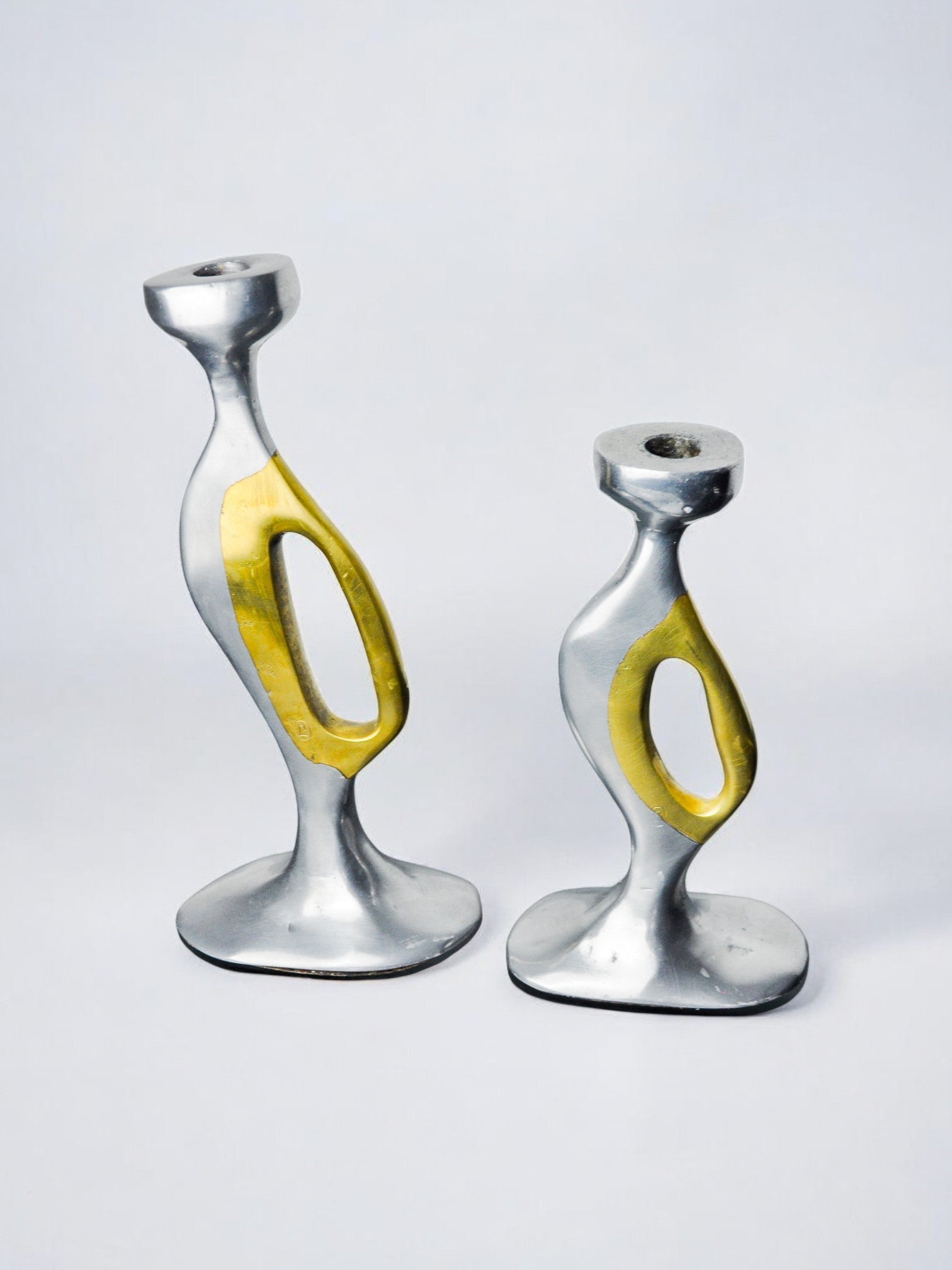 Brutalist Candle Holders by Léopold Spain, 1970 — side angle showing silver and yellow design