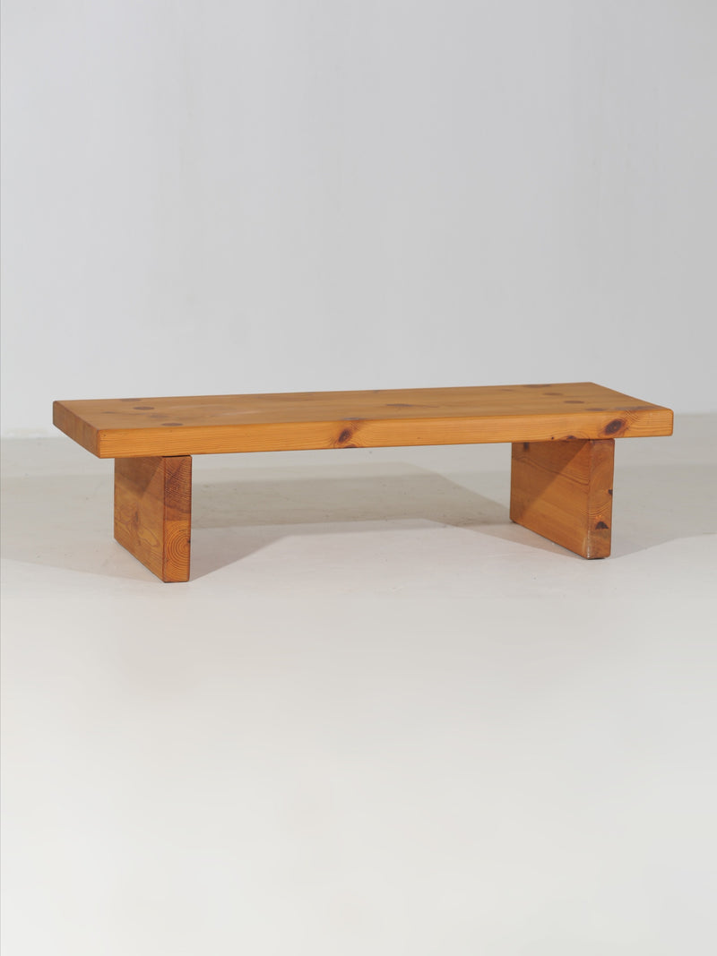 Pine bench with thick slab top and solid end supports by Wilhelmsson