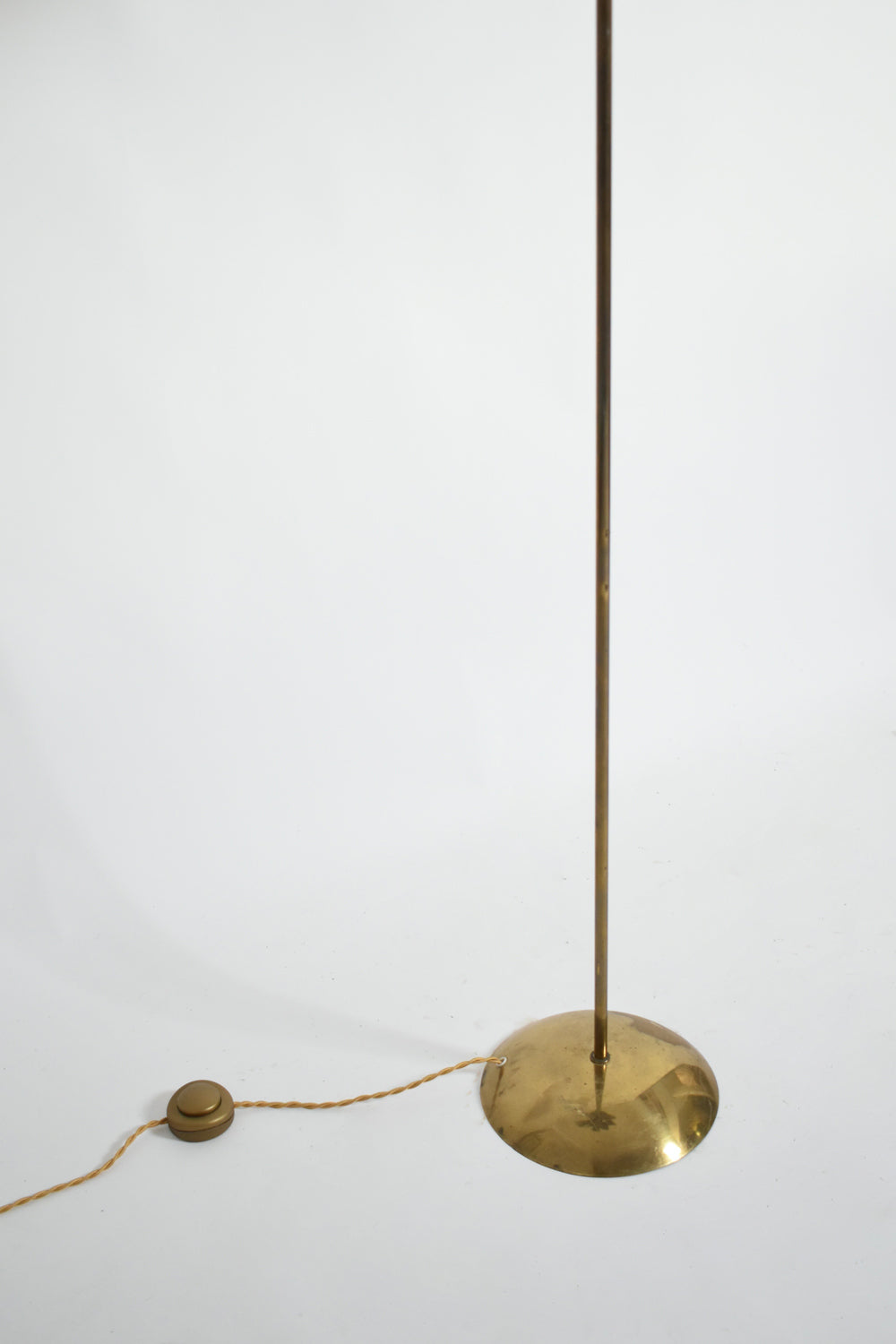 Brass, Brass Fabric and Leather Floor Lamp, 1960s — side angle showing brass base and cord
