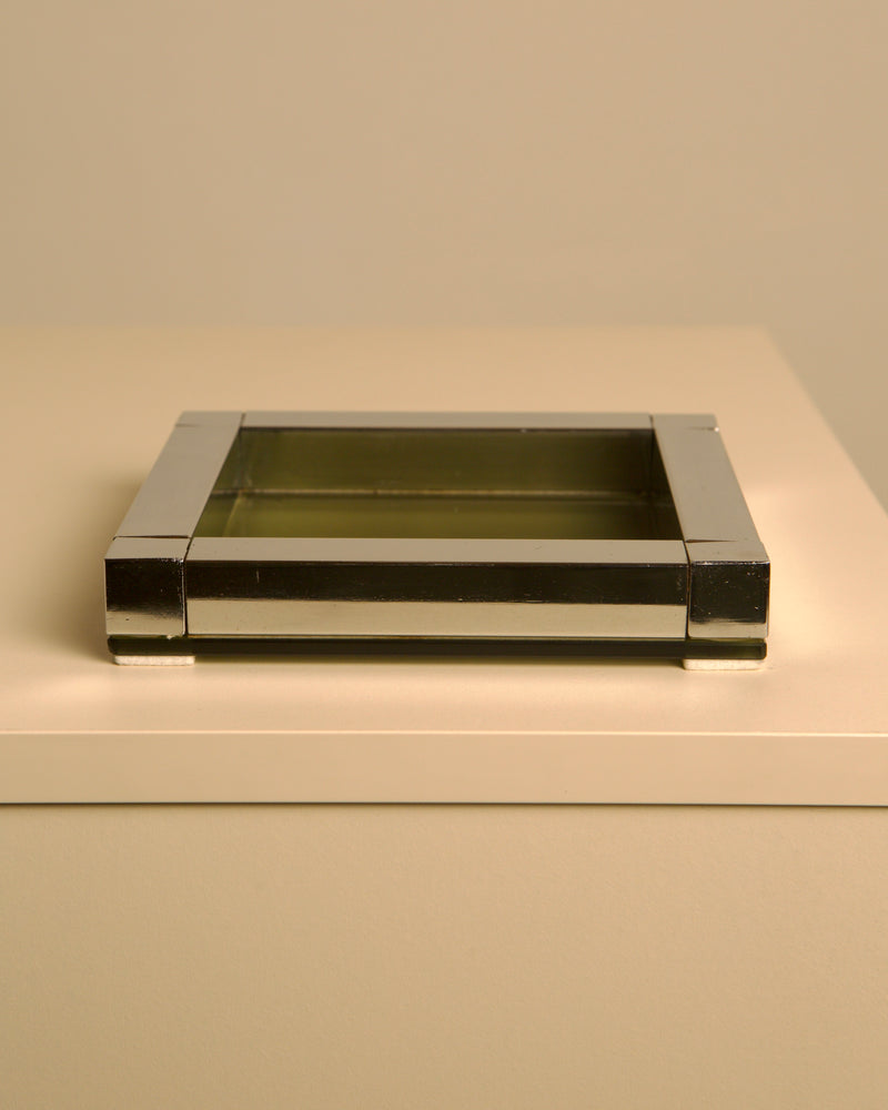 Square Italian glass and metal trinket tray 1970s side view