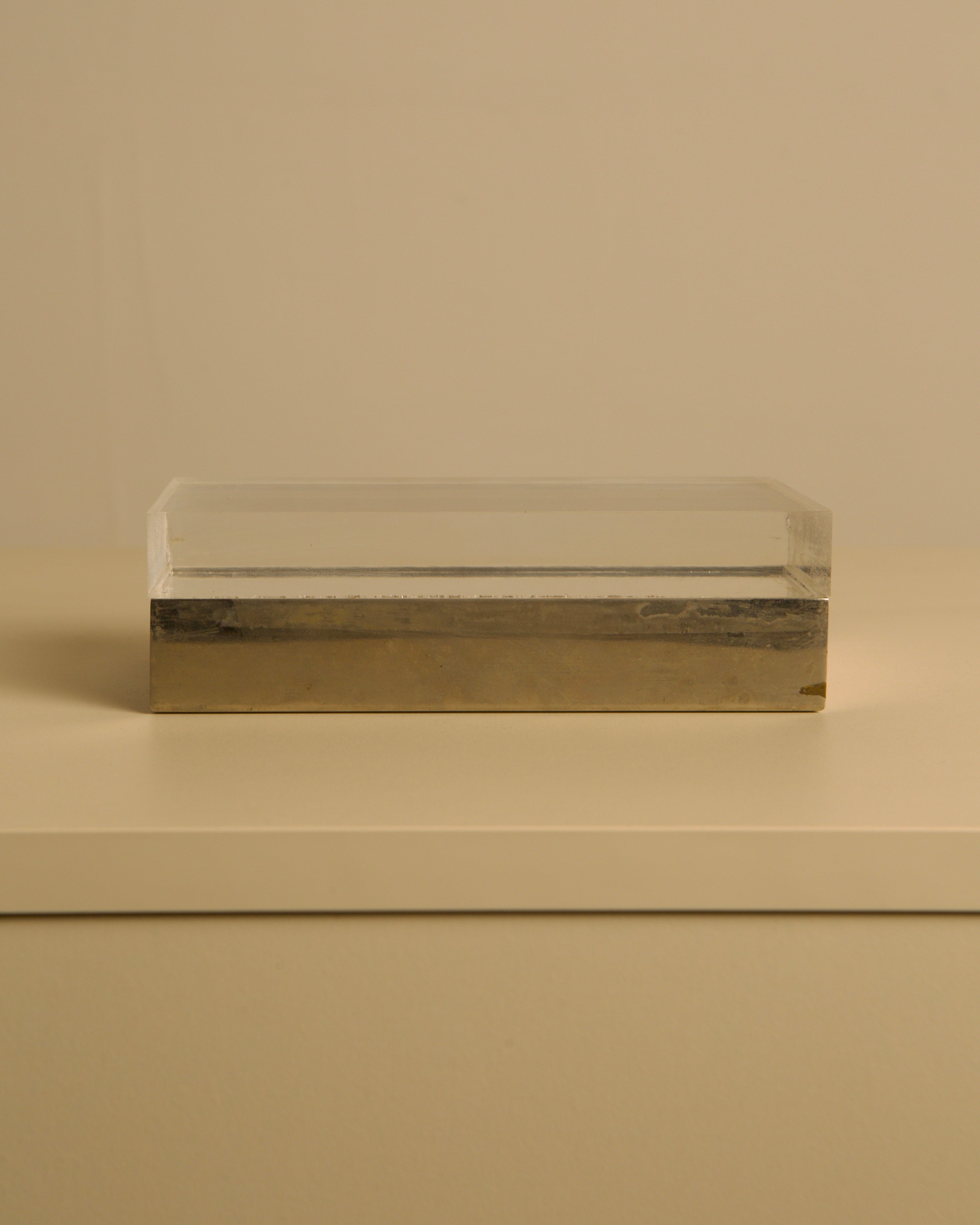 Rectangular Italian Box in Silver and Plexiglass, 1970s — top view on neutral surface