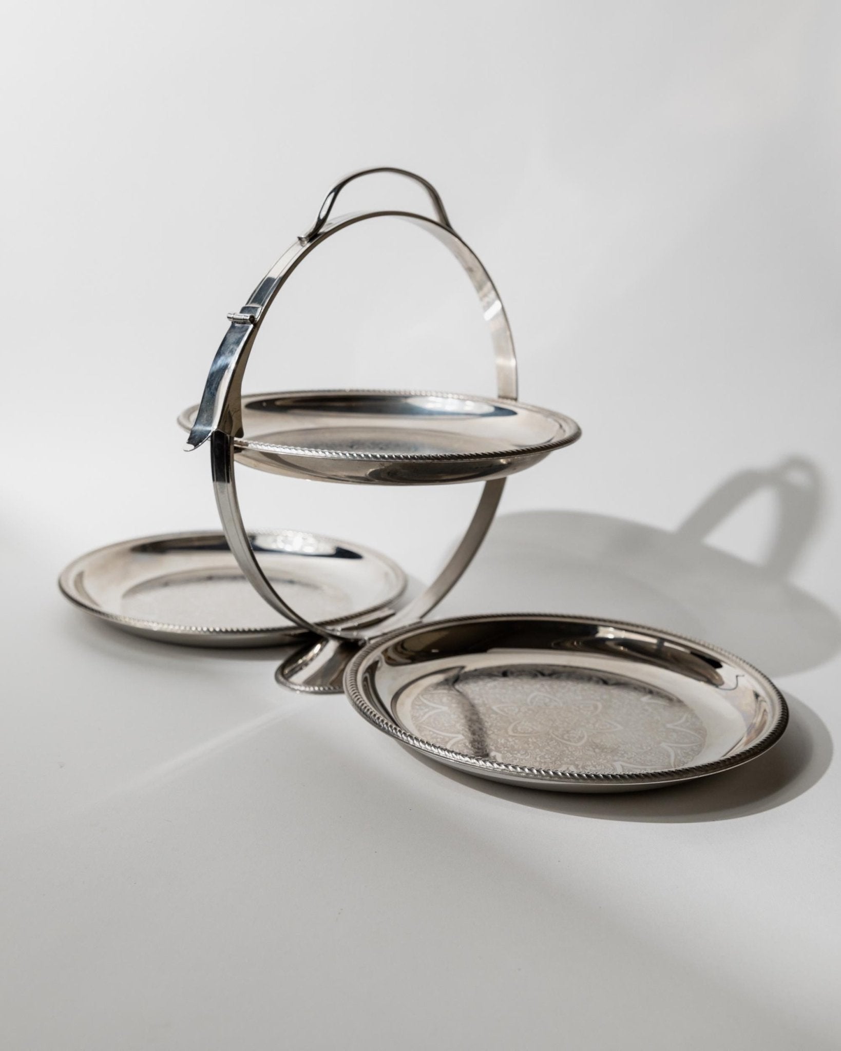 Vintage 1960s Folding Serving Tray Etagere, Three Engraved Stainless Steel Plates, Design by Carlo Alessi Mercury Series 898, Gift Idea — lifestyle setting