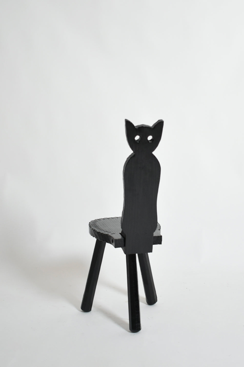 Pair of Brutalist Ebonised Wood Owl Chairs, 1960s — rear view highlighting black wood finish