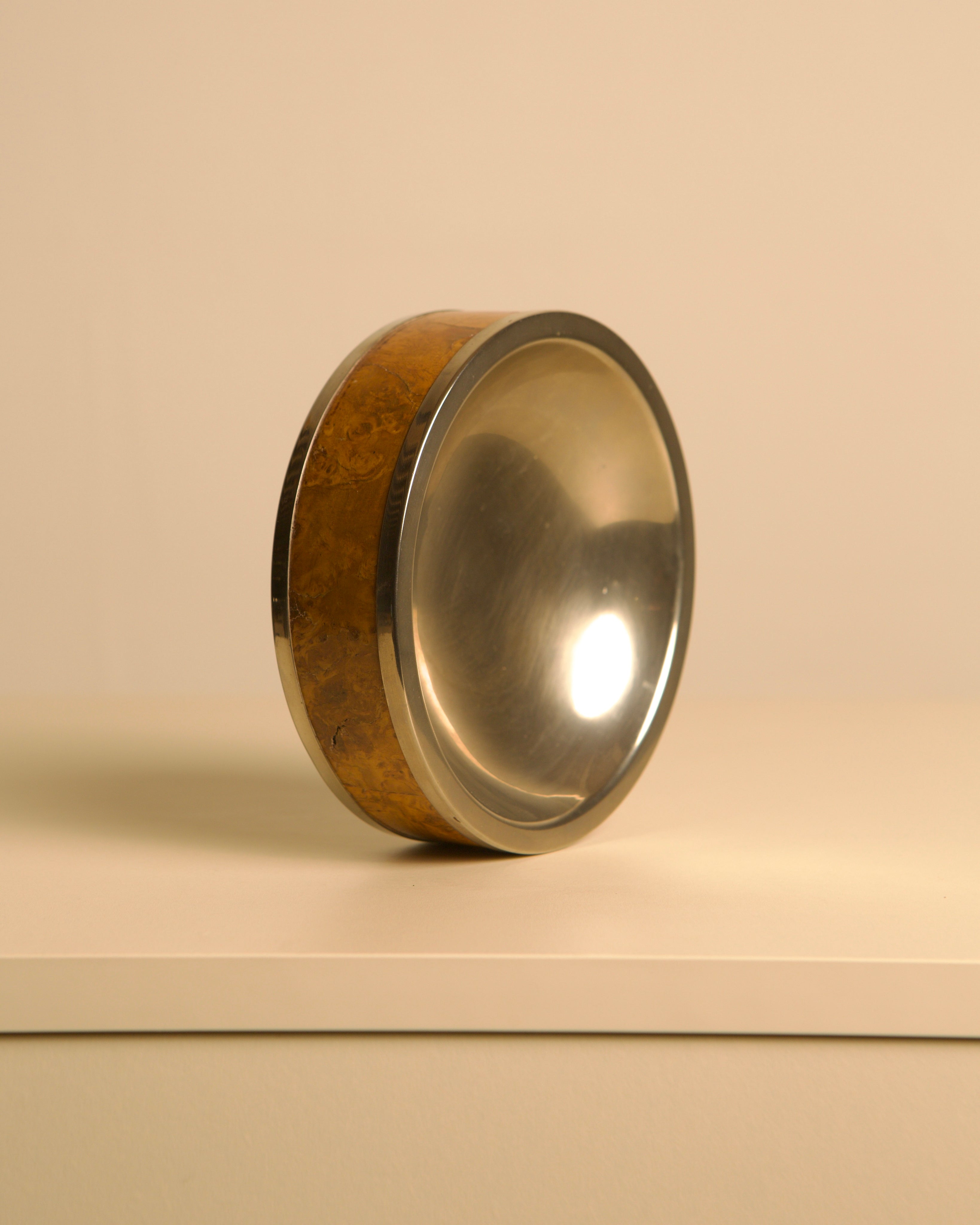 Poplar Burl Wood and Metal Trinket Tray, 70s — angled view highlighting wood and metal contrast