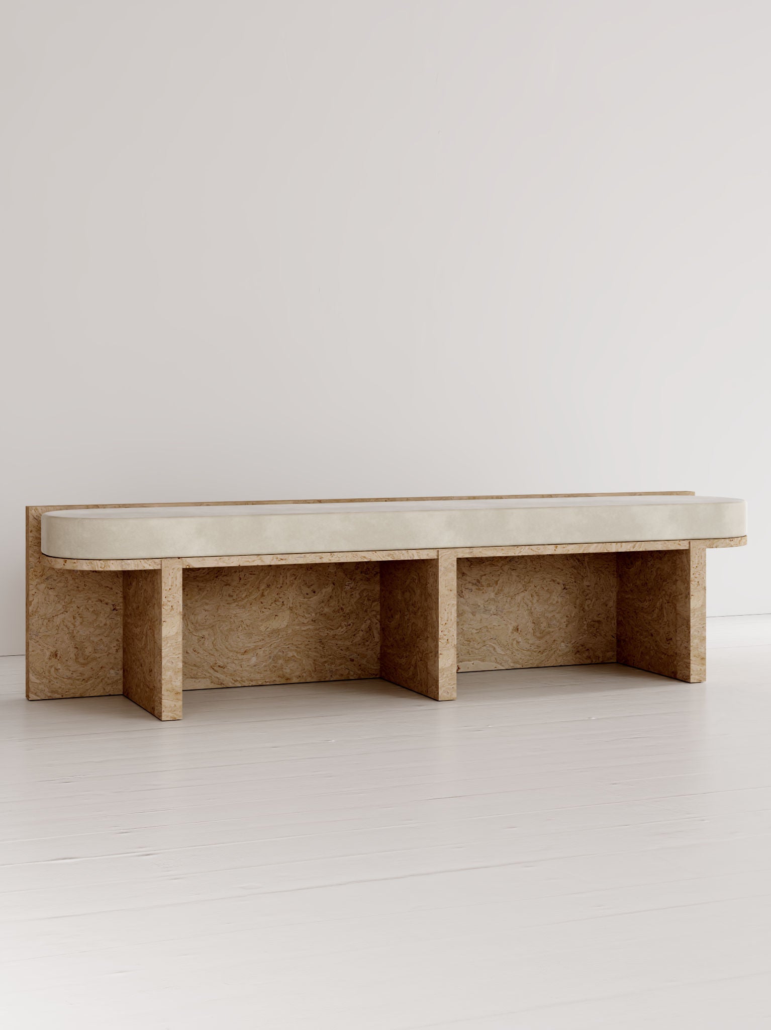 Meï 03' Bench — side angle showing beige upholstered seat and textured base