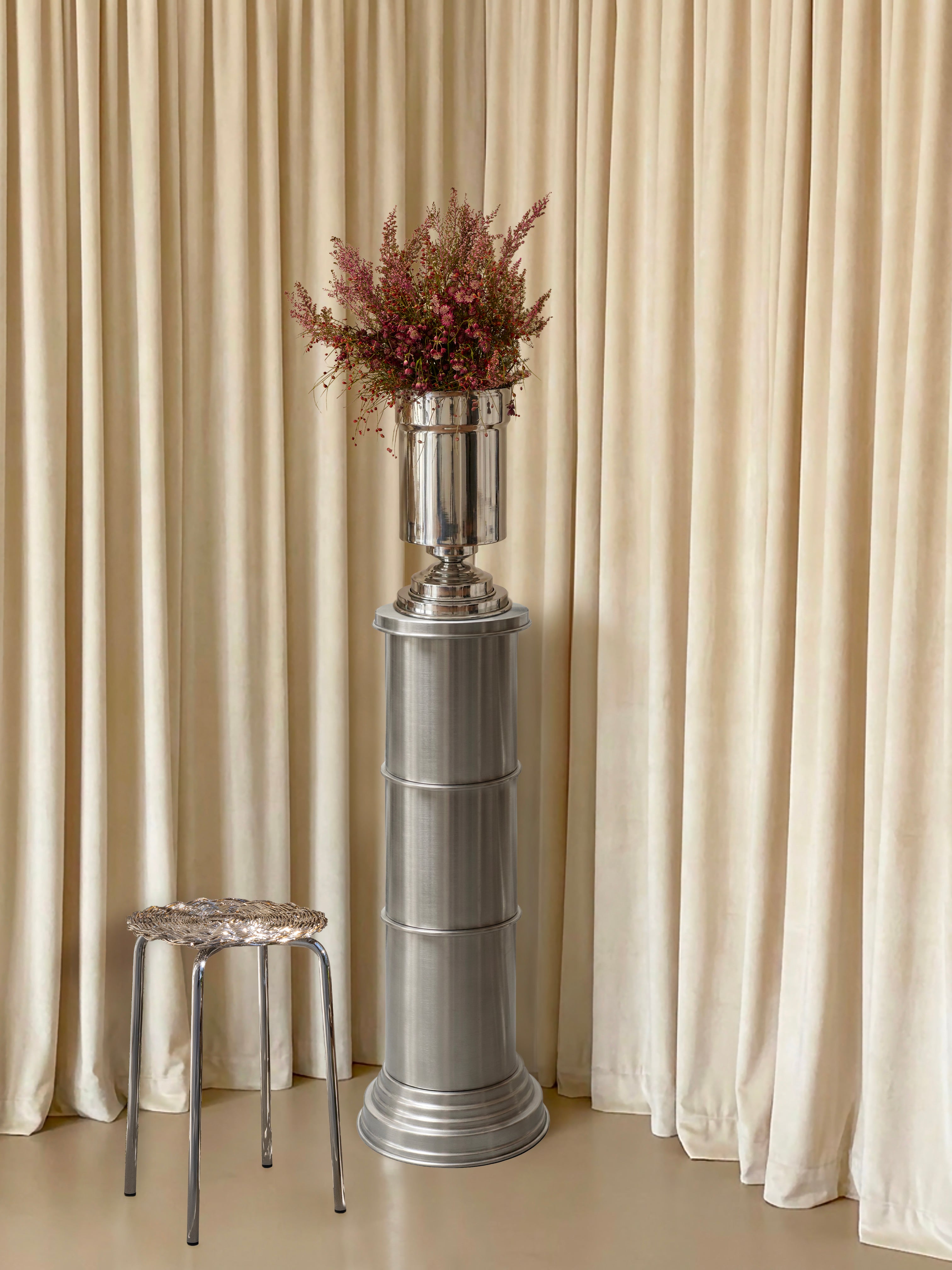 Art Deco End Tables in Metal - Brushed Aluminum Columns Collection — lifestyle setting