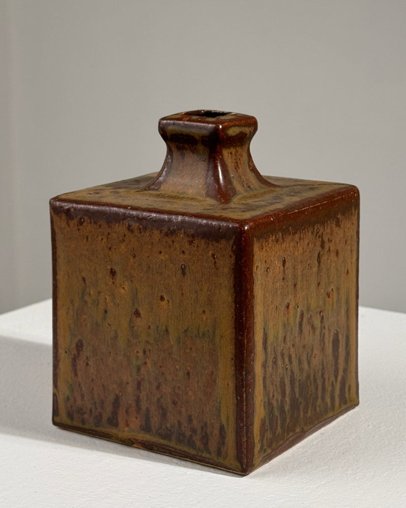 Square ceramic vase with brown glaze and cylindrical neck