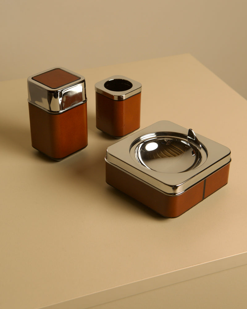 1960s Italian Cognac Leather Office Set by Treaptyque | The Oblist — cognac leather, chrome accents
