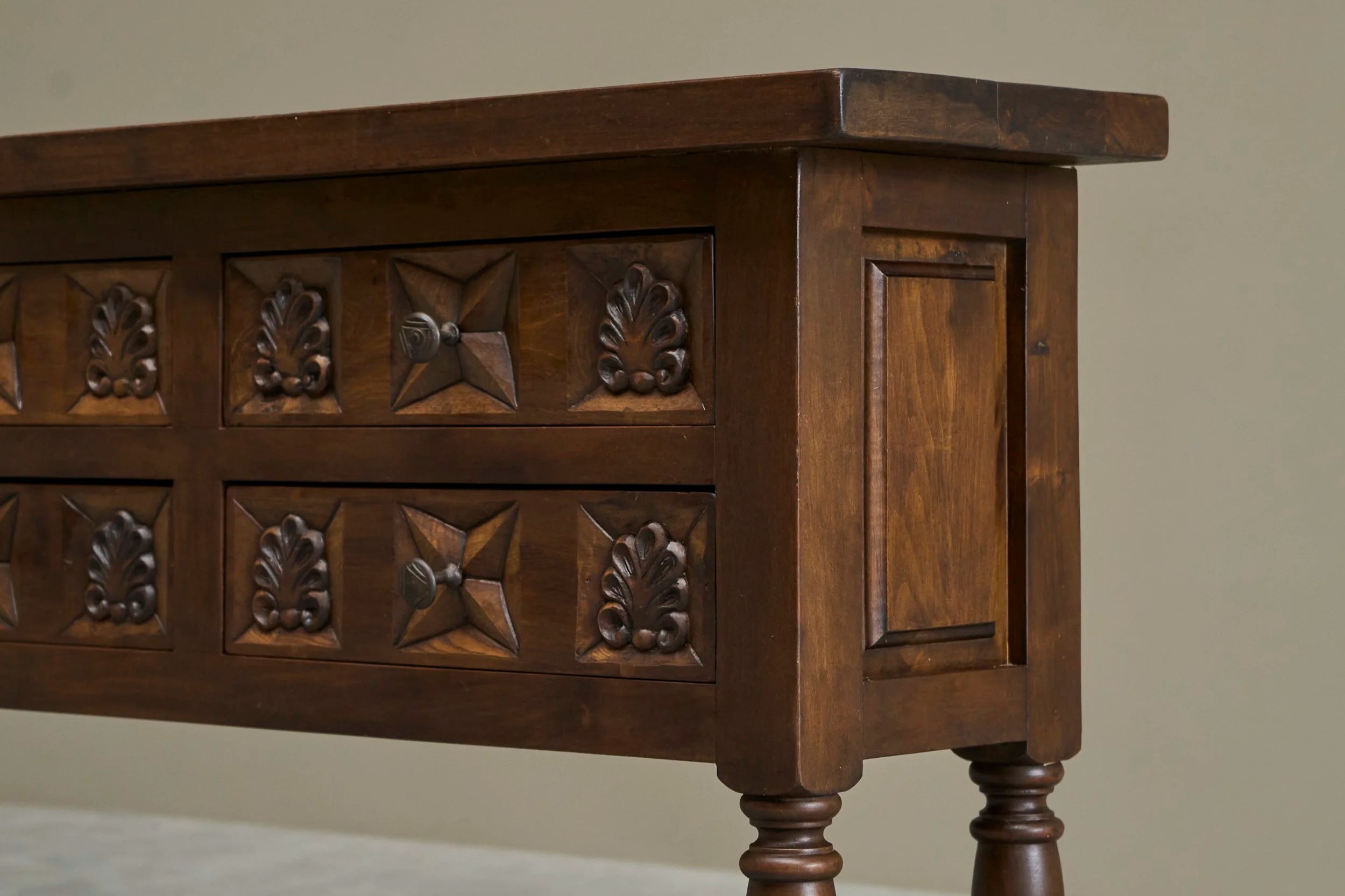 Spanish Style Sideboard in Hand-Carved Solid Walnut and Wrought Iron Early 20th Century — alternate view