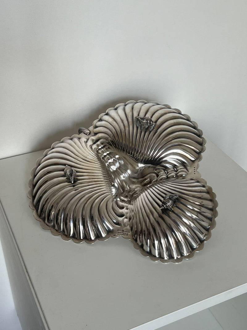 Silver triple shell serving dish with fluted ridged pattern detail